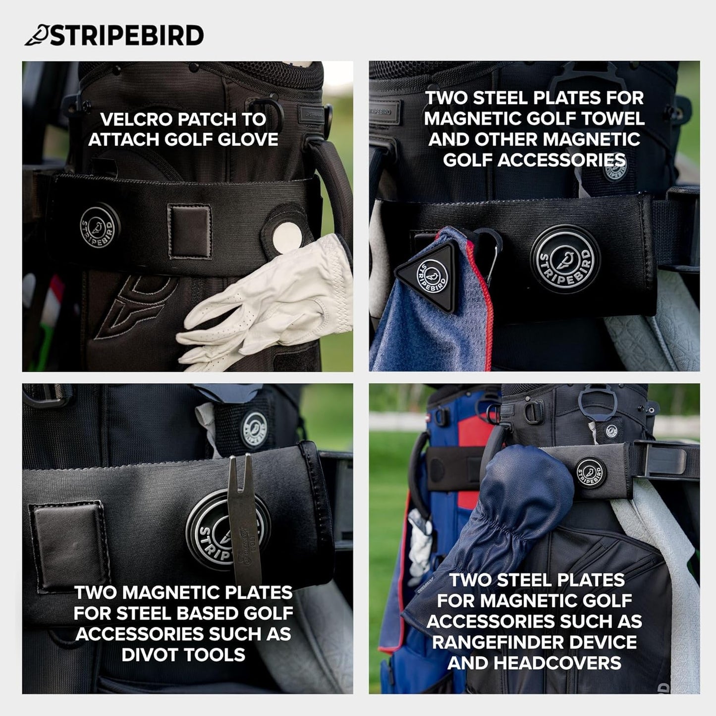 Stripebird - Premium Golf Cart Strap Sleeve Protector - Save Your Golf Bag from Golf Cart Straps - Includes Magnetic and Steel Plate for Magnetic Golf Accessories