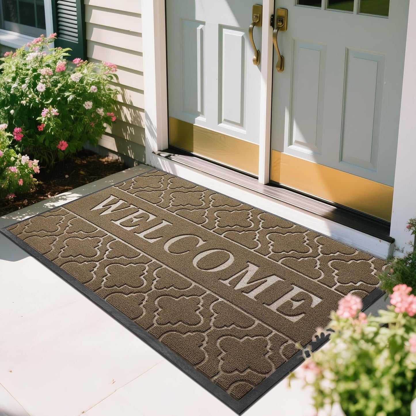 Yimobra Welcome Mat Outdoor Indoor, All-Season Waterproof Front Door Mat Outside Entrance, All-Weather Heavy Duty Non-Slip Doormat, Low Profile Porch Patio Entrance Mats, 60x36, Coffee