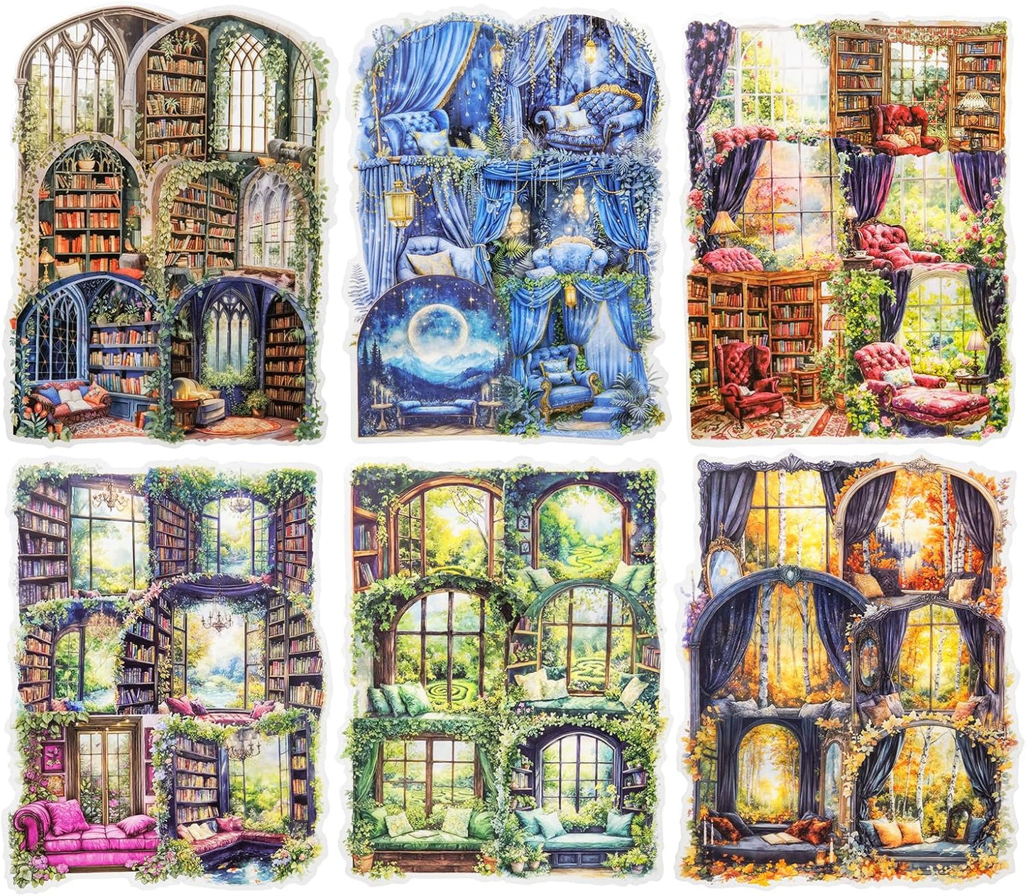 Window Reading Corner PET Sticker Set, 60PCS Cozy Room Scene Stickers for Scrapbooking, Journaling, DIY Crafts and Gift Decoration