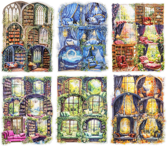 Window Reading Corner PET Sticker Set, 60PCS Cozy Room Scene Stickers for Scrapbooking, Journaling, DIY Crafts and Gift Decoration