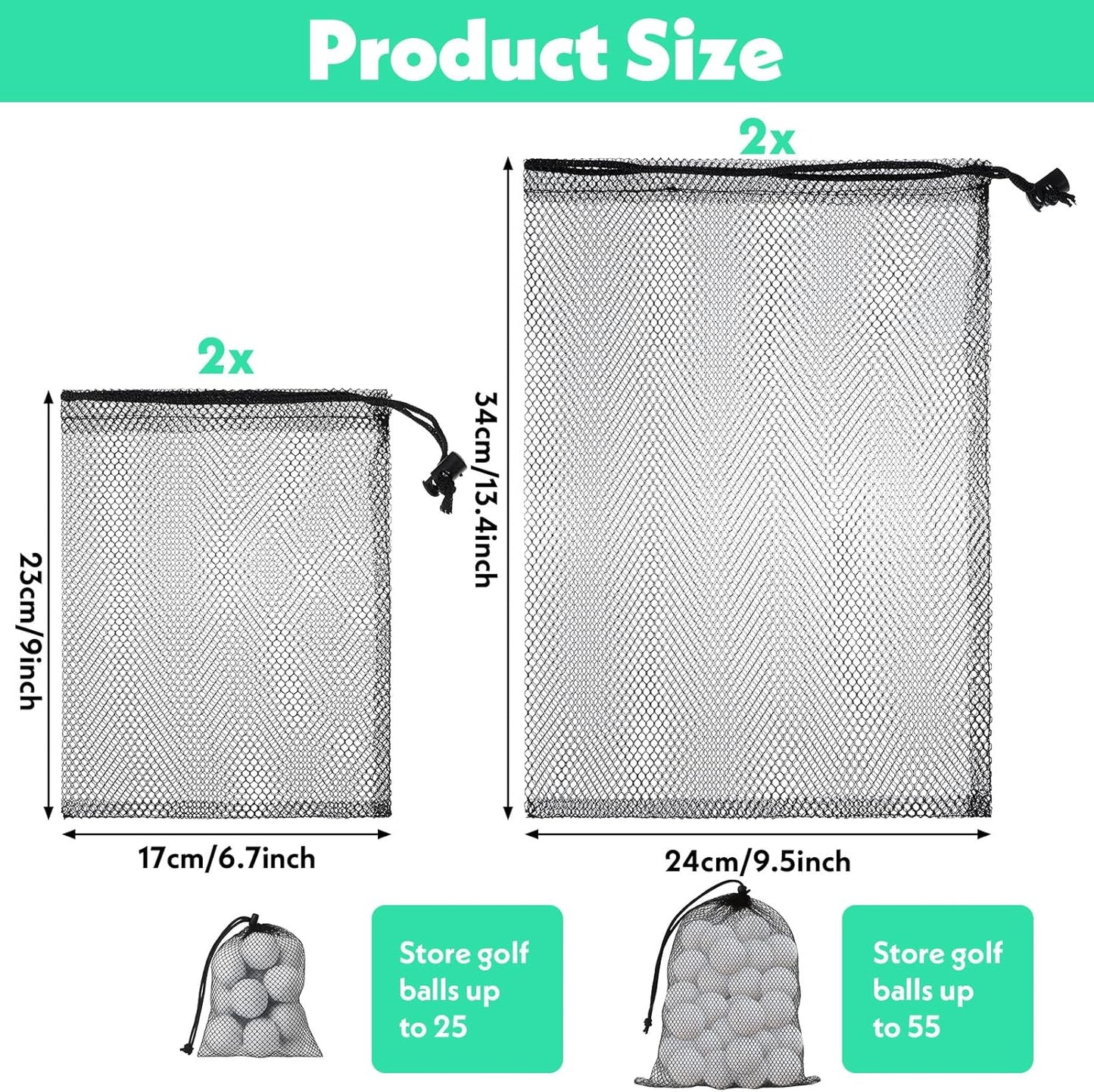 Grevosea 4 Pcs Mesh Bags with Drawstring, Nylon Mesh Golf Ball Bag Golf Storage Pouch Sports Equipment Organizer Sack for Collecting Half Balls Tennis Beach Travel Accessories (2 Sizes)