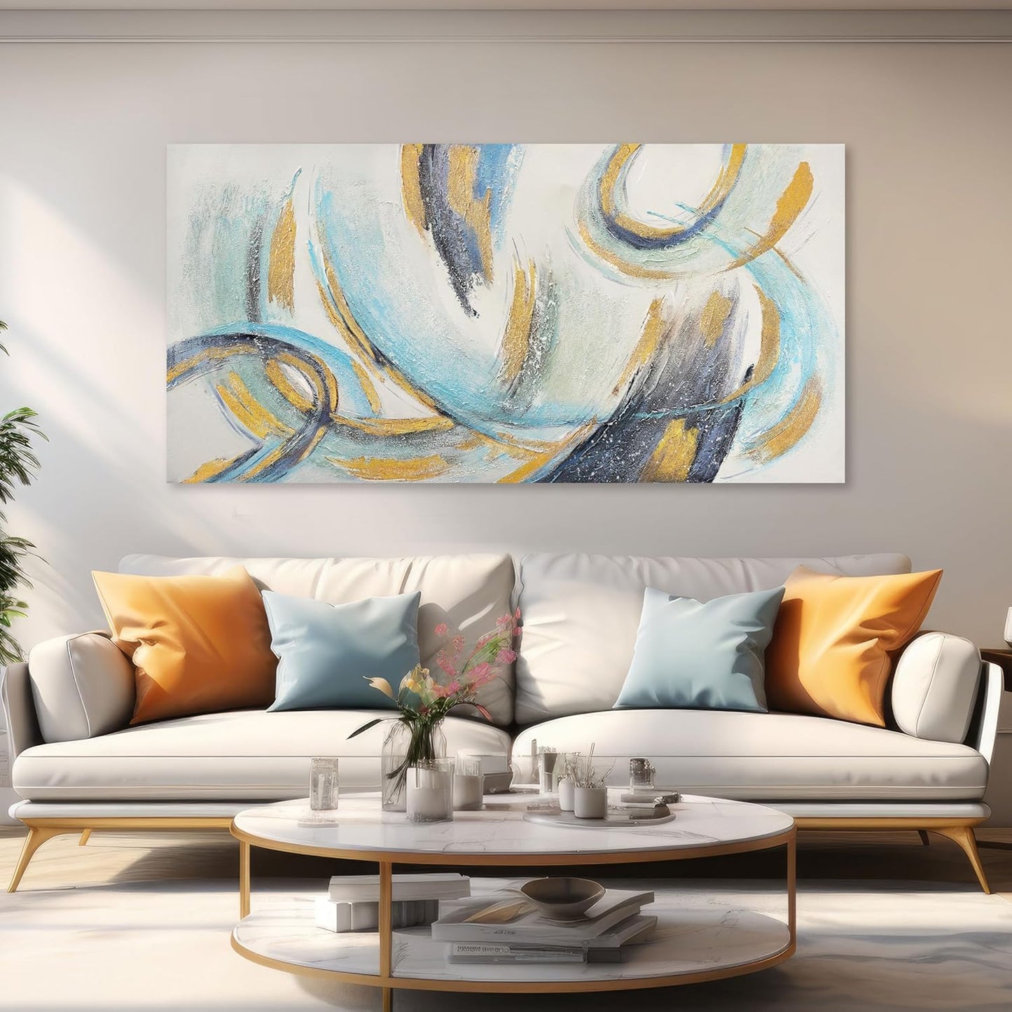 Glvzygy Abstract Wall Blue and Gold Wall Art Abstract Canvas Wall Decor Frame Artwork Modern Home Wall Decor for Living Room Bedroom Office 29"x58"