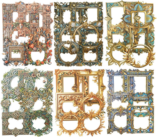 Medieval Frame Stickers – 60 Hollow-Cut Cardstock Stickers for Scrapbook & Journal, Vintage Self-Adhesive Embellishments for Junk Journal, DIY Art & Collage Design