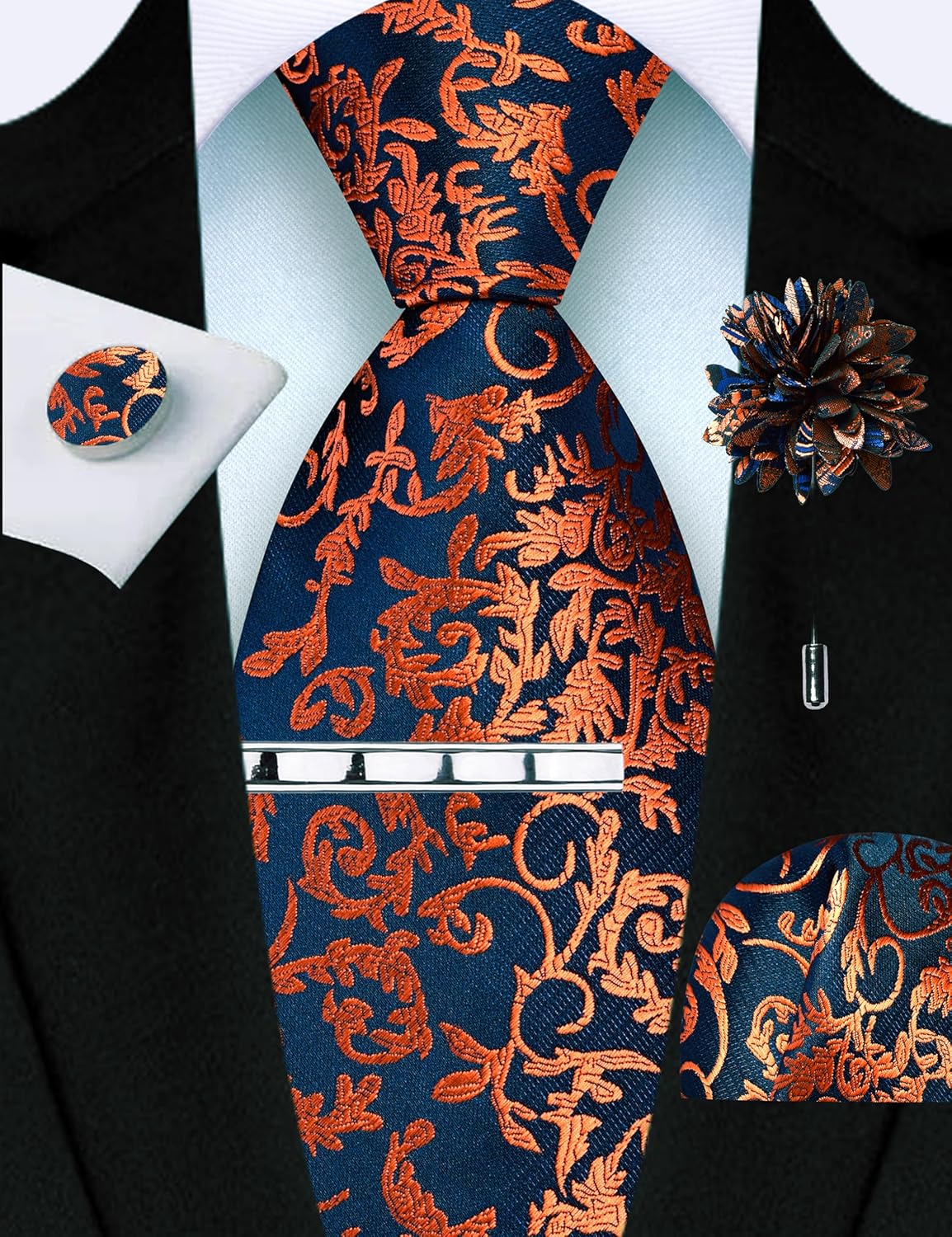 GUSLESON Tie Set for Men Necktie and Pocket Square,Tie Clip,Cufflinks, Lapel Pin Sets with Gift Box 5PCS