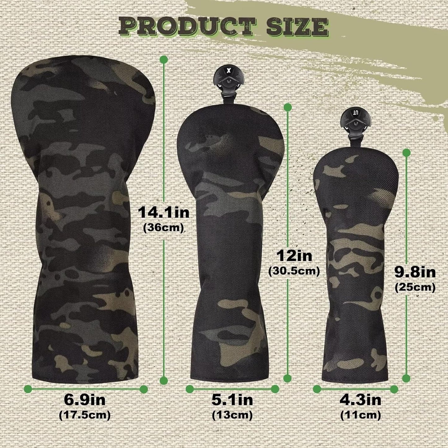 3 Pack Camouflage Golf Club Head Covers for Driver, Fairway Woods and Hybrid with Rotatable Number Tag