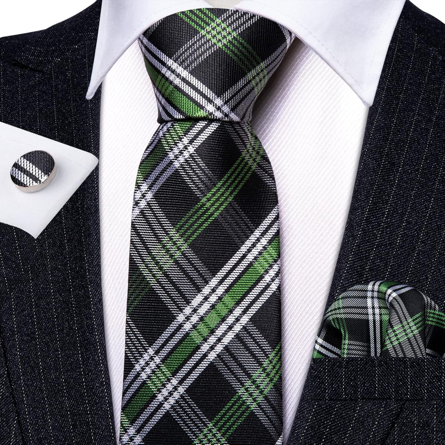 Barry.Wang Designer Classic Ties for Men Set Formal Pocket Square Cufflink Check Plaid