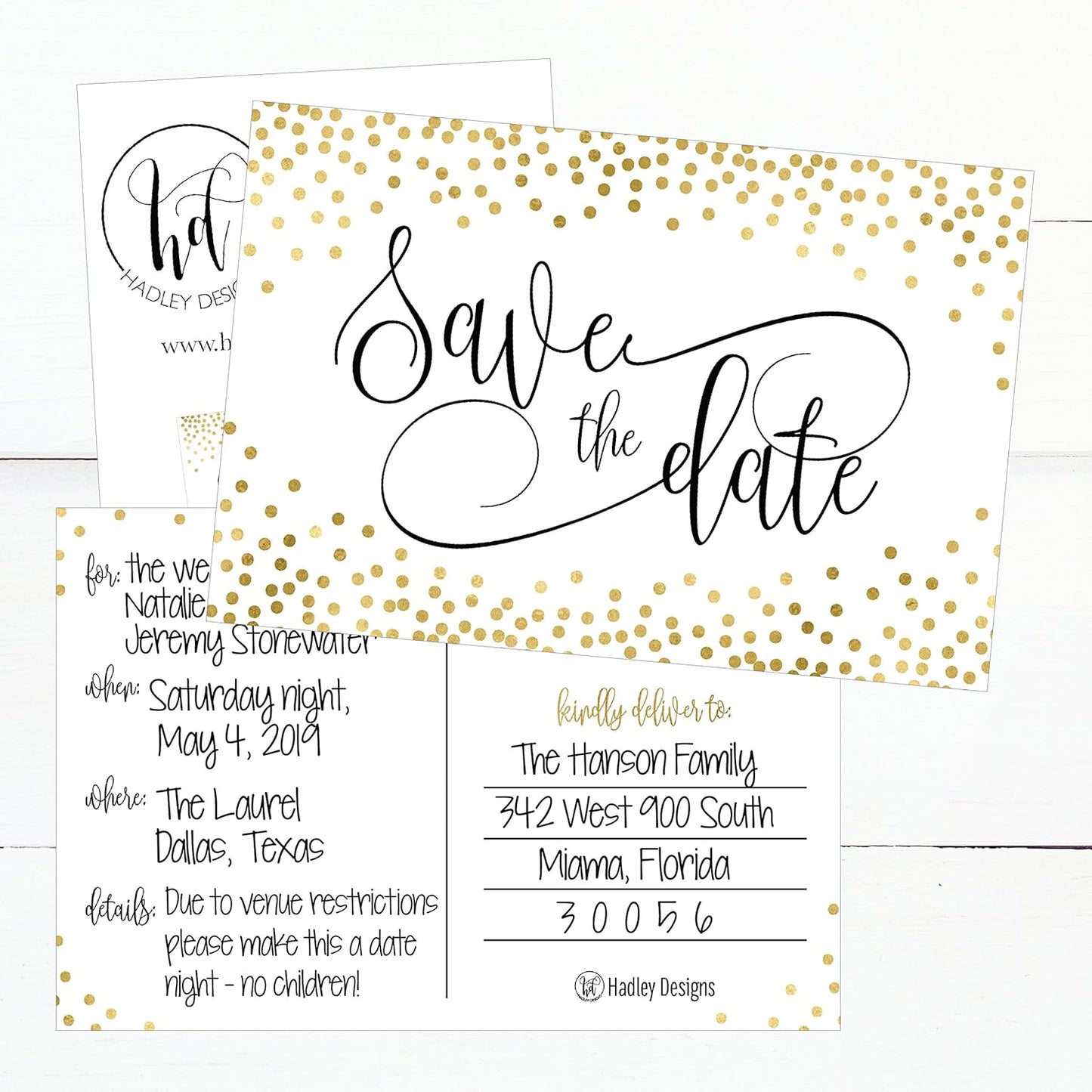 Hadley Designs 25 Elegant Gold Dots Save The Date Postcards For Wedding, Engagement, Anniversary, Baby Shower, Birthday Party Invitations Simple Black and White Blank Event Announcements