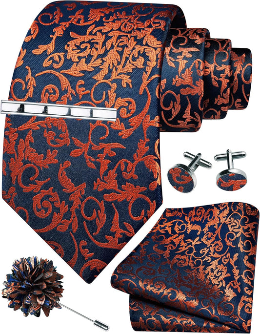 GUSLESON Tie Set for Men Necktie and Pocket Square,Tie Clip,Cufflinks, Lapel Pin Sets with Gift Box 5PCS