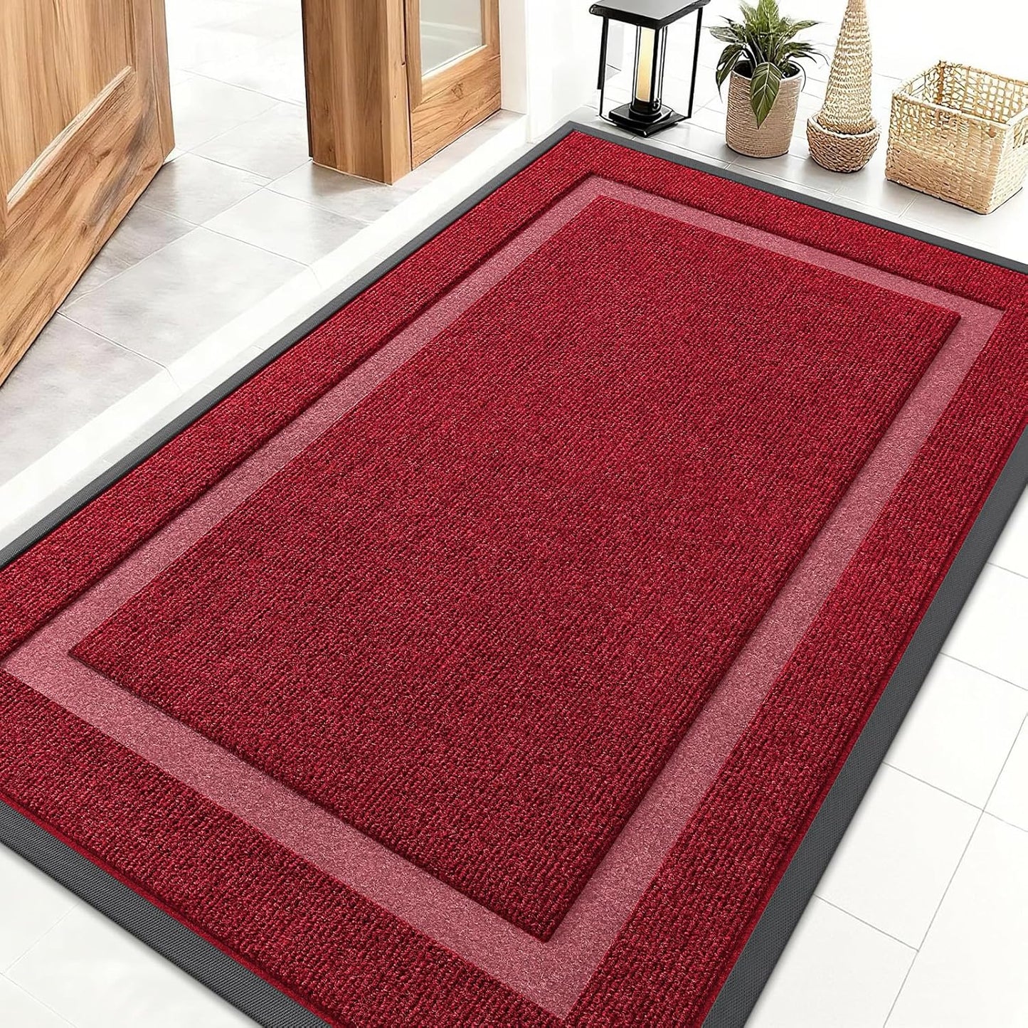 OLANLY Front Door Mat Indoor Outdoor Entrance, Waterproof All-Season, All-Weather Doormat, Sturdy Natural Rubber, Fade Resistant, Low Profile, Easy Clean Patio Porch Entryway Mat, 71x47, Wine Red