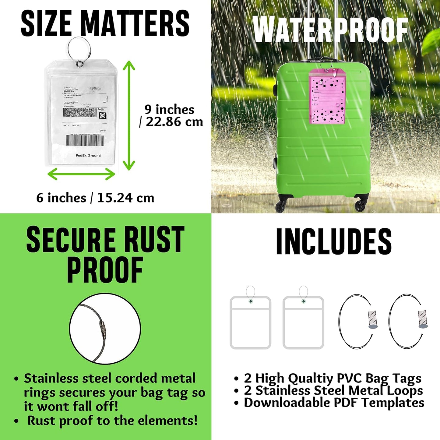 Golf Luggage Tag - Set of 2 Bag Tags Set Extra Large 9" x 6" - Plastic Waterproof Zipper Pouch - PVC Baggage Tag Sleeve for Travel & Shipping Golf Bag - Sealable Personalized Ship Sticks