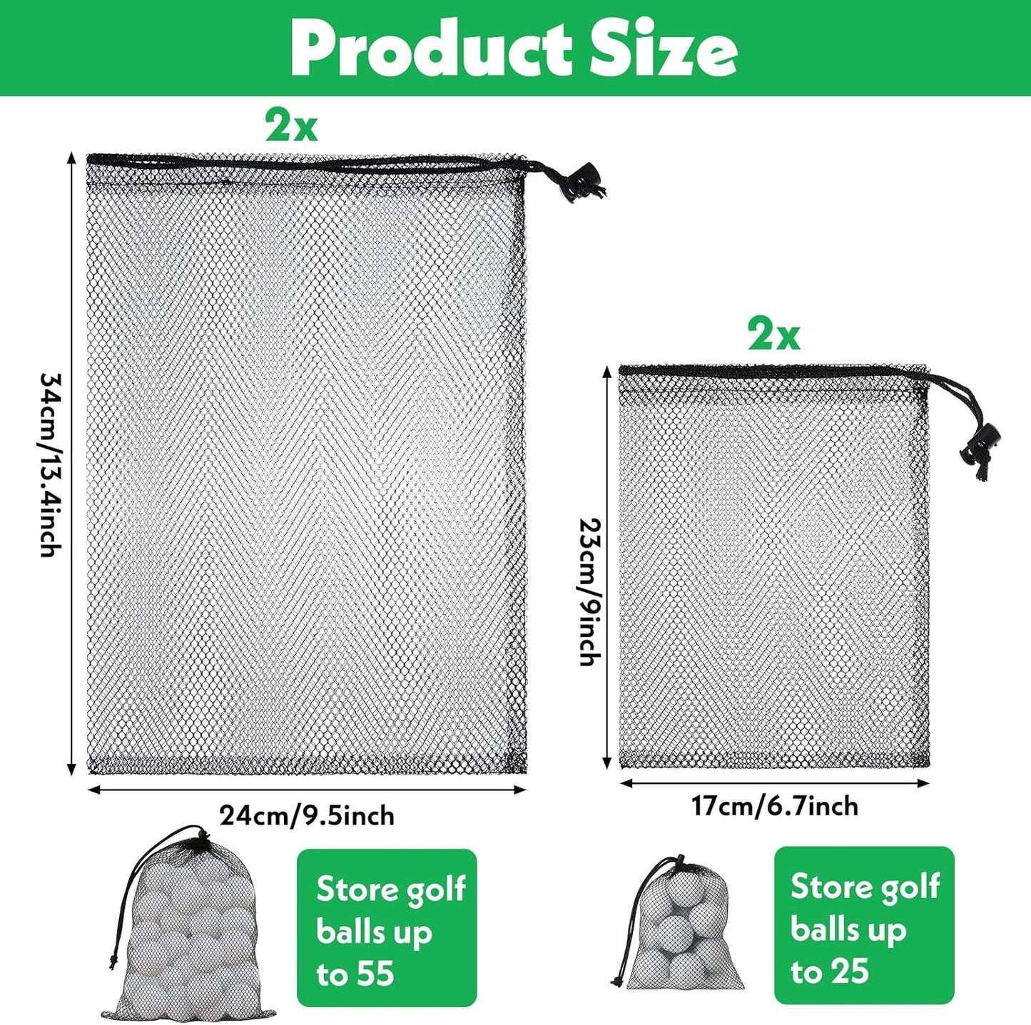 4 Pcs Mesh Bags with Drawstring, Golf Ball Bag Nylon Mesh Golf Ball Storage Pouch Sports Equipment Organizer Sack for Collecting Half Balls Tennis Beach Travel (2 Sizes)