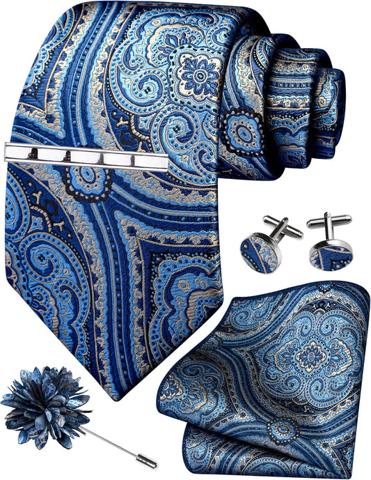 GUSLESON Tie Set for Men Necktie and Pocket Square,Tie Clip,Cufflinks, Lapel Pin Sets with Gift Box 5PCS