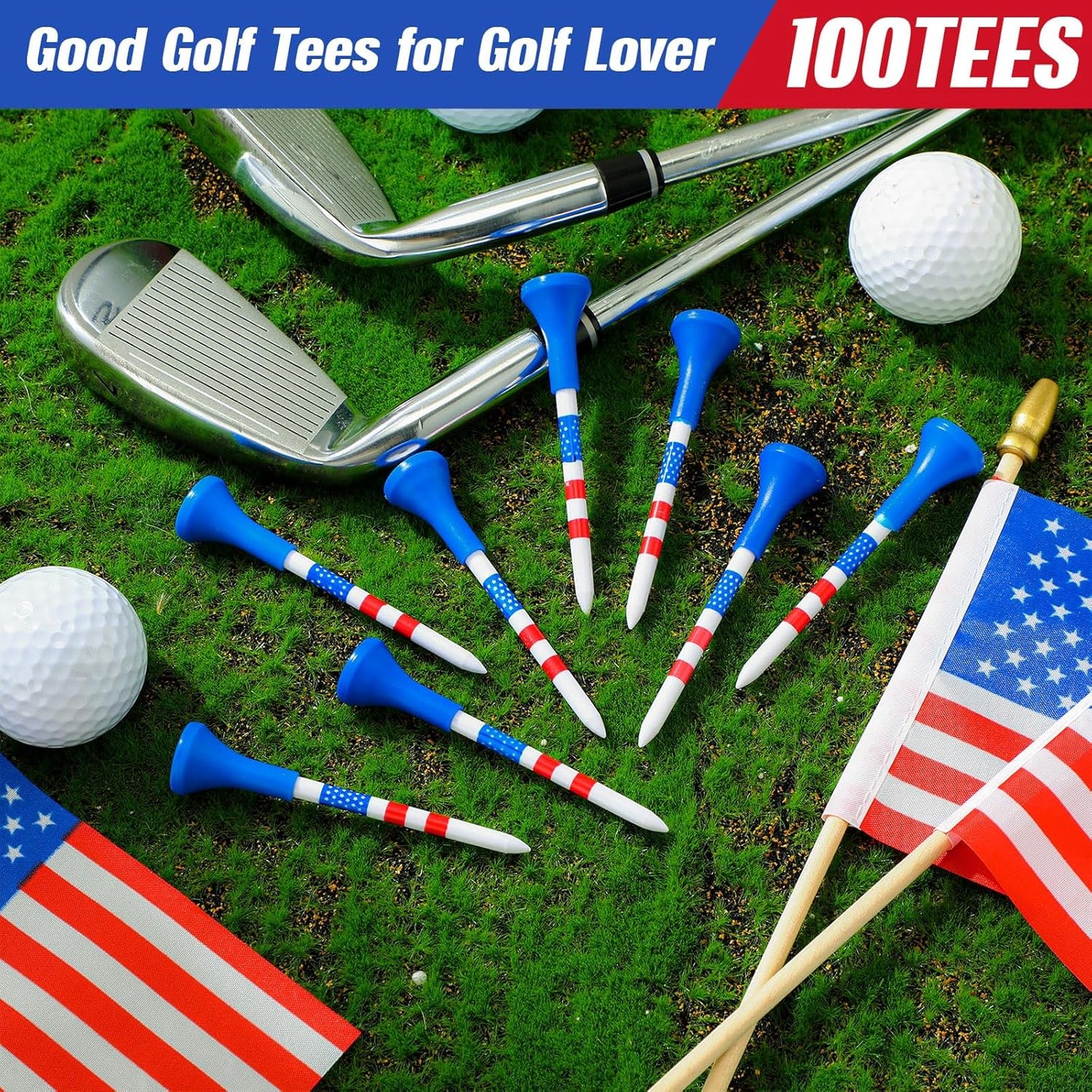 Realspring Plastic Golf Tees Bulk 3 1/4" Unbreakable American Flag Long Golf Tees with Reduce Side Spin and Friction for Men