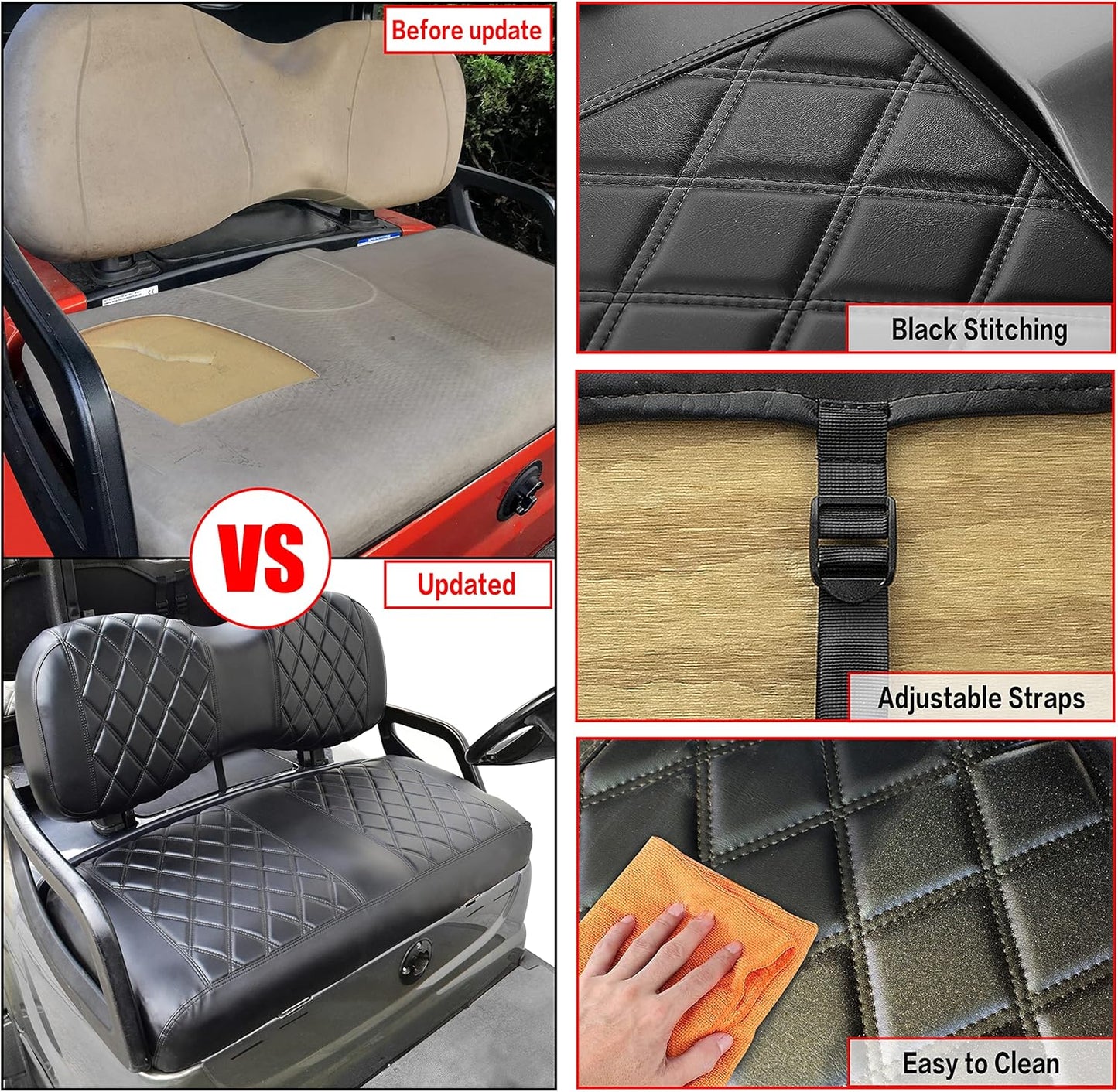 NOKINS Golf Cart YD Diamond Seat Cover for Yamaha Drive/Drive 2 OEM Standard Seat Cushion, No Stapler, Golf Cart Vinyl Replacement Front Seat Cover Black Stitching