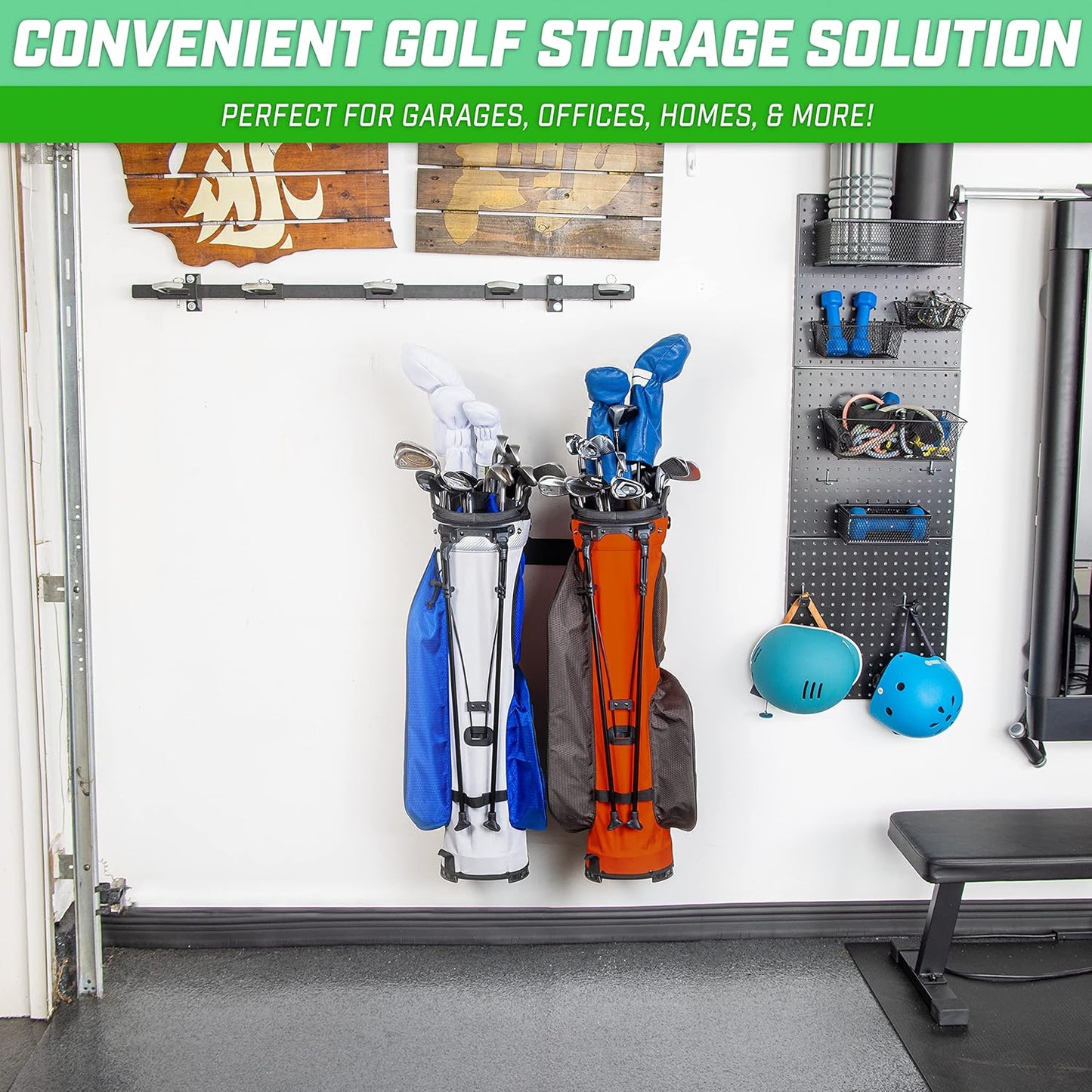 GoSports Wall Mounted Golf Bag Storage Rack - Holds 2 Golf Bags