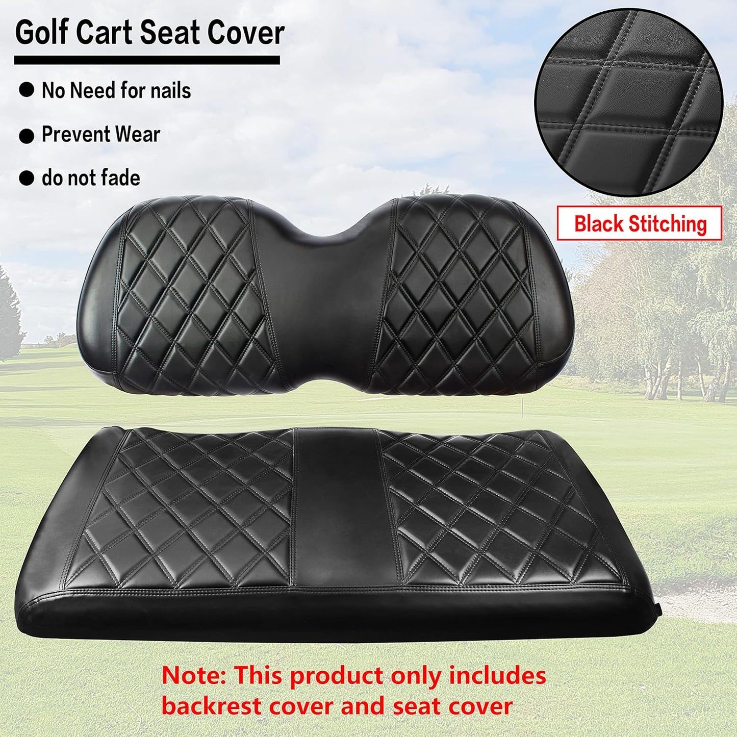 NOKINS P Diamond Seat Cover for Golf Cart Club Car Precedent Original Regular Cushion, No Stapler Required, Golf Cart Vinyl Replacement Front Seat Cover Black Stitching