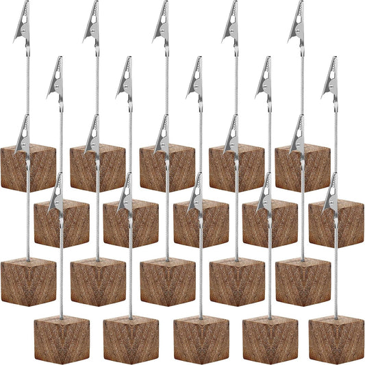 20 Pcs Cube Base Memo Clip Holder with Alligator Clip Wood Table Number Holder Cube Base Place Card Stand Mini Photo Menu Stand for Displaying Number Card(Wood Color)