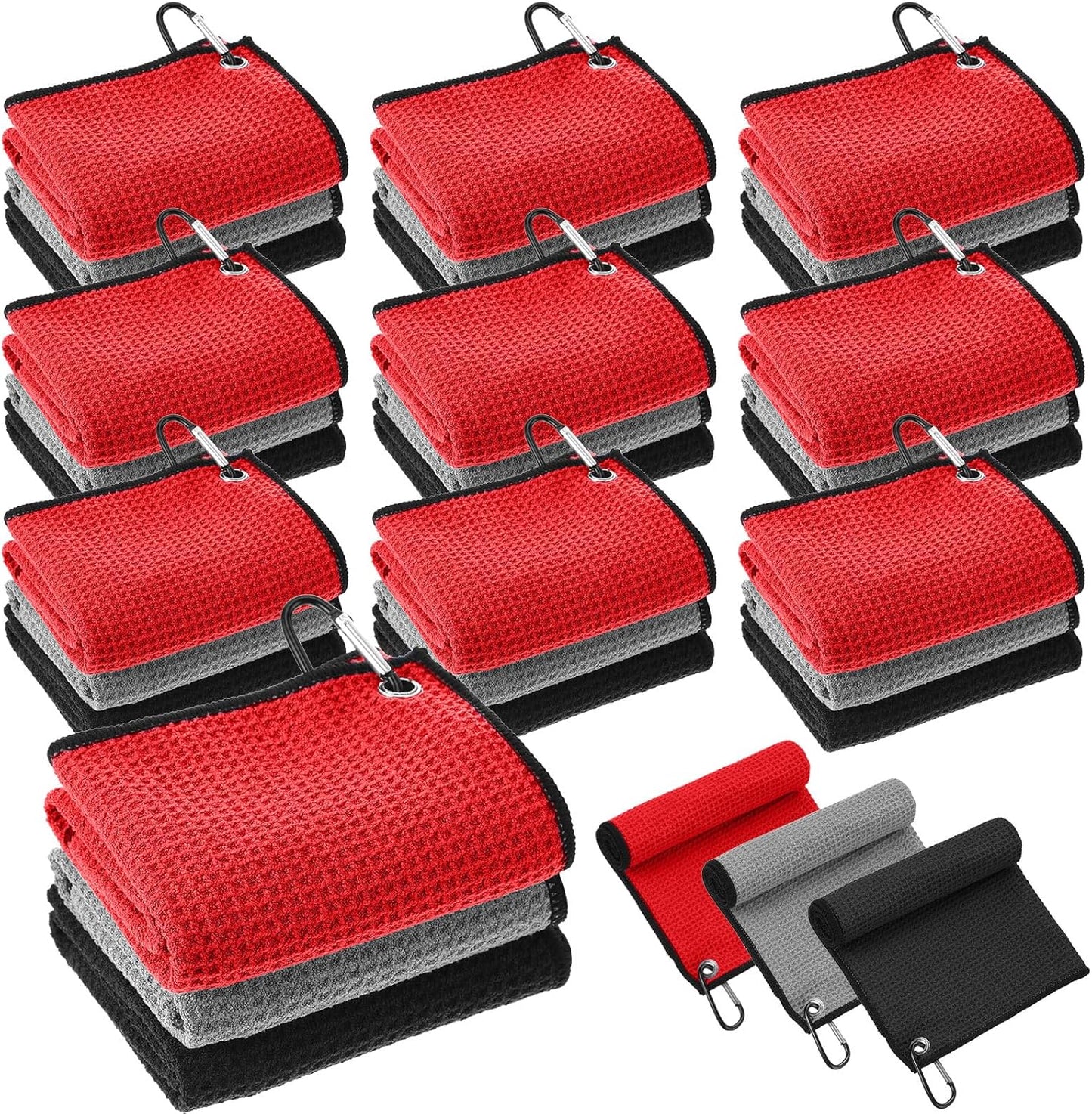 Batiyeer 30 Pcs Bulk Golf Towels for Golf Bags 16'' x 16'' Microfiber Fabric Golf Towel Waffle Pattern with Clip for Bags Men Mini Tournament Fitness Yoga Camping(Black, Gray, Red)