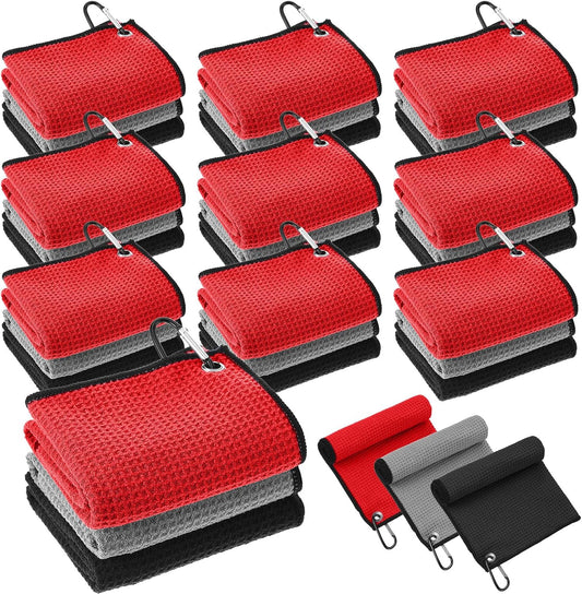Batiyeer 30 Pcs Bulk Golf Towels for Golf Bags 16'' x 16'' Microfiber Fabric Golf Towel Waffle Pattern with Clip for Bags Men Mini Tournament Fitness Yoga Camping(Black, Gray, Red)
