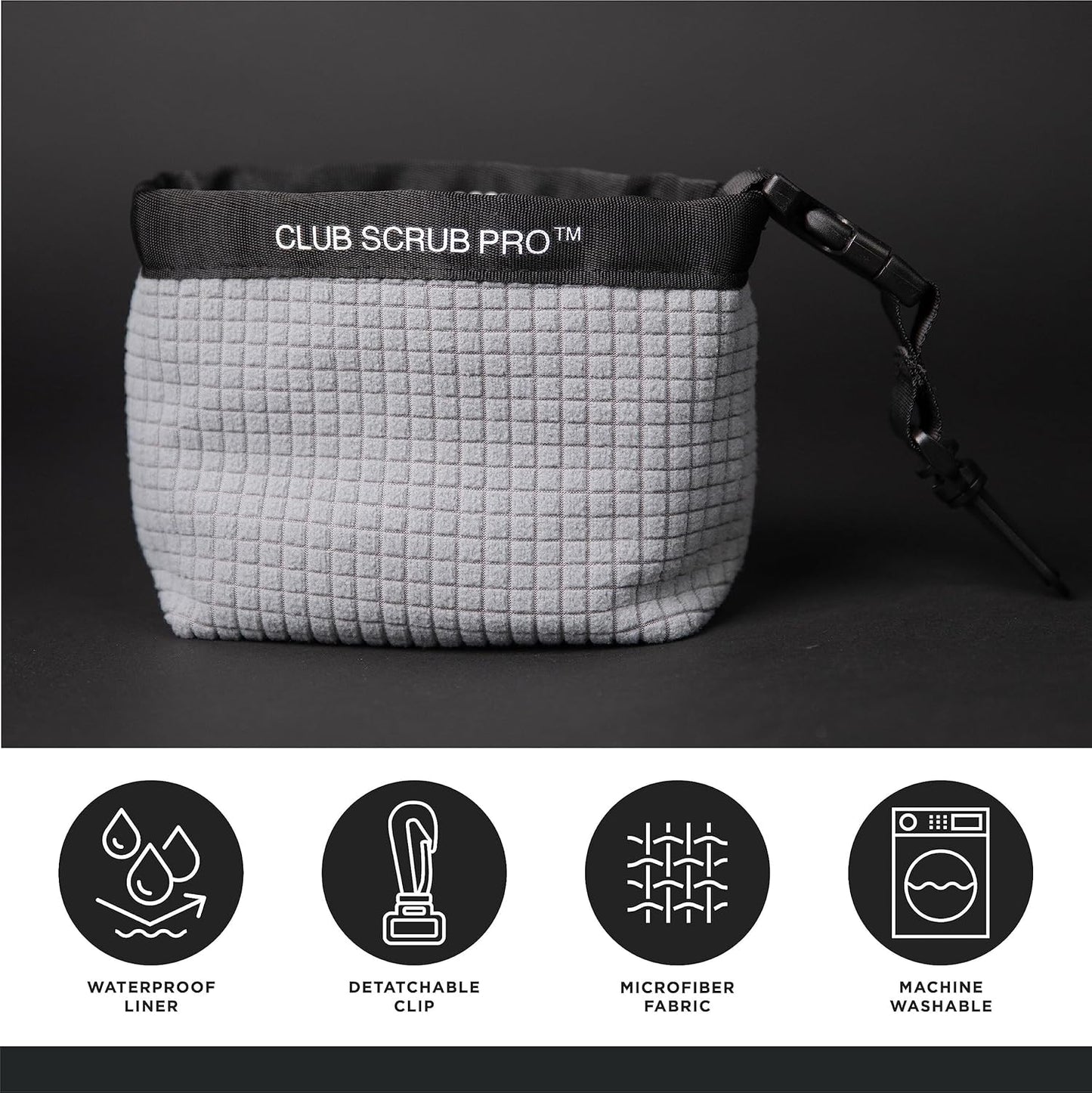 Club Scrub Golf Club and Golf Ball Cleaning Bag, Waterproof Clean Face Technology Liner, Detachable Clip, Machine Washable, Cleans Club Grooves, Dry Exterior (Neoprene or Microfiber Option Available)