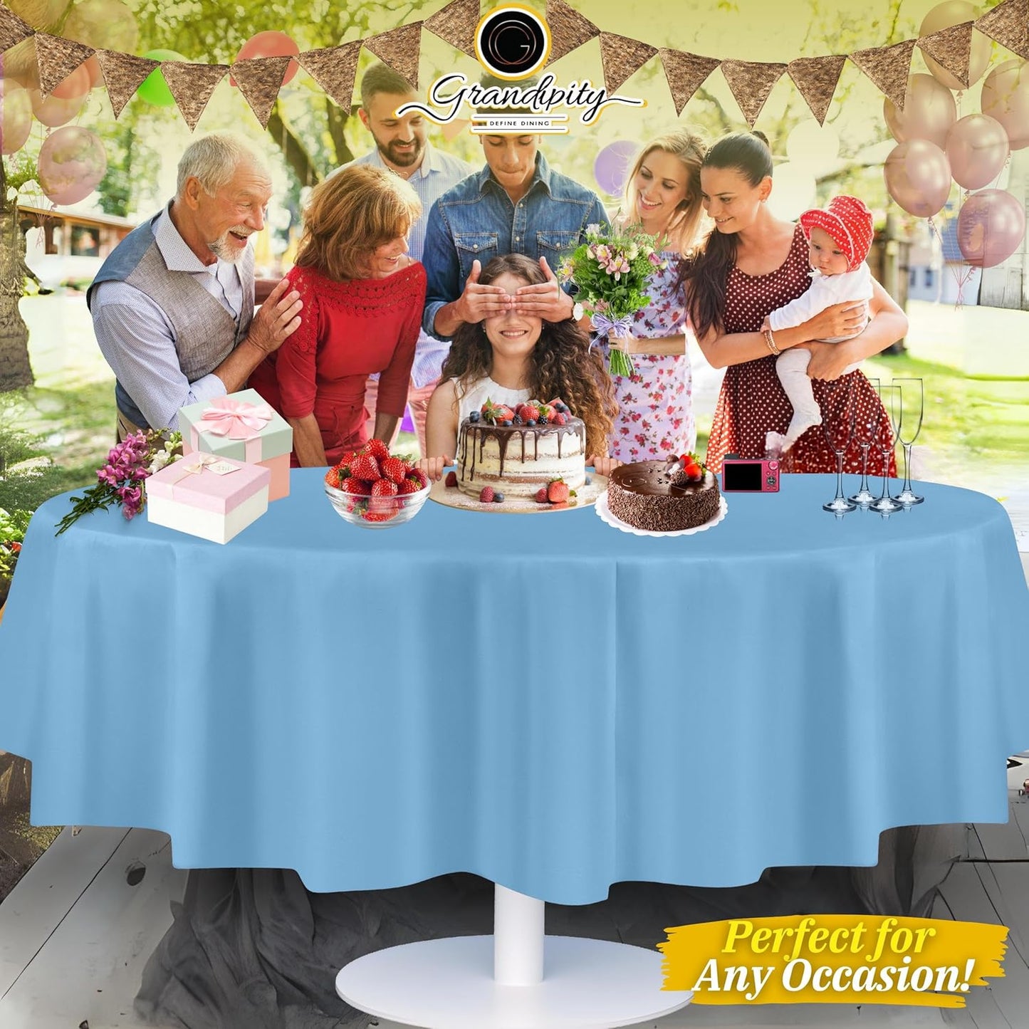 Grandipity 12 Pack Premium Disposable Plastic Tablecloth 84" Inch Decorative Round Table Cover - Sky Blue