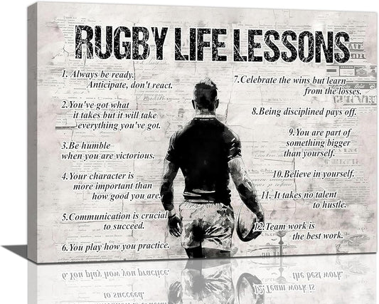 Rugby Life Lessons Wall Art Rugby Sports Wall Decor Rugby Sign Retro Poster Boy Men Motivational Decorations Canvas Print Painting Artwork for Bedroom Bathroom Living Room Gym 24"x16"