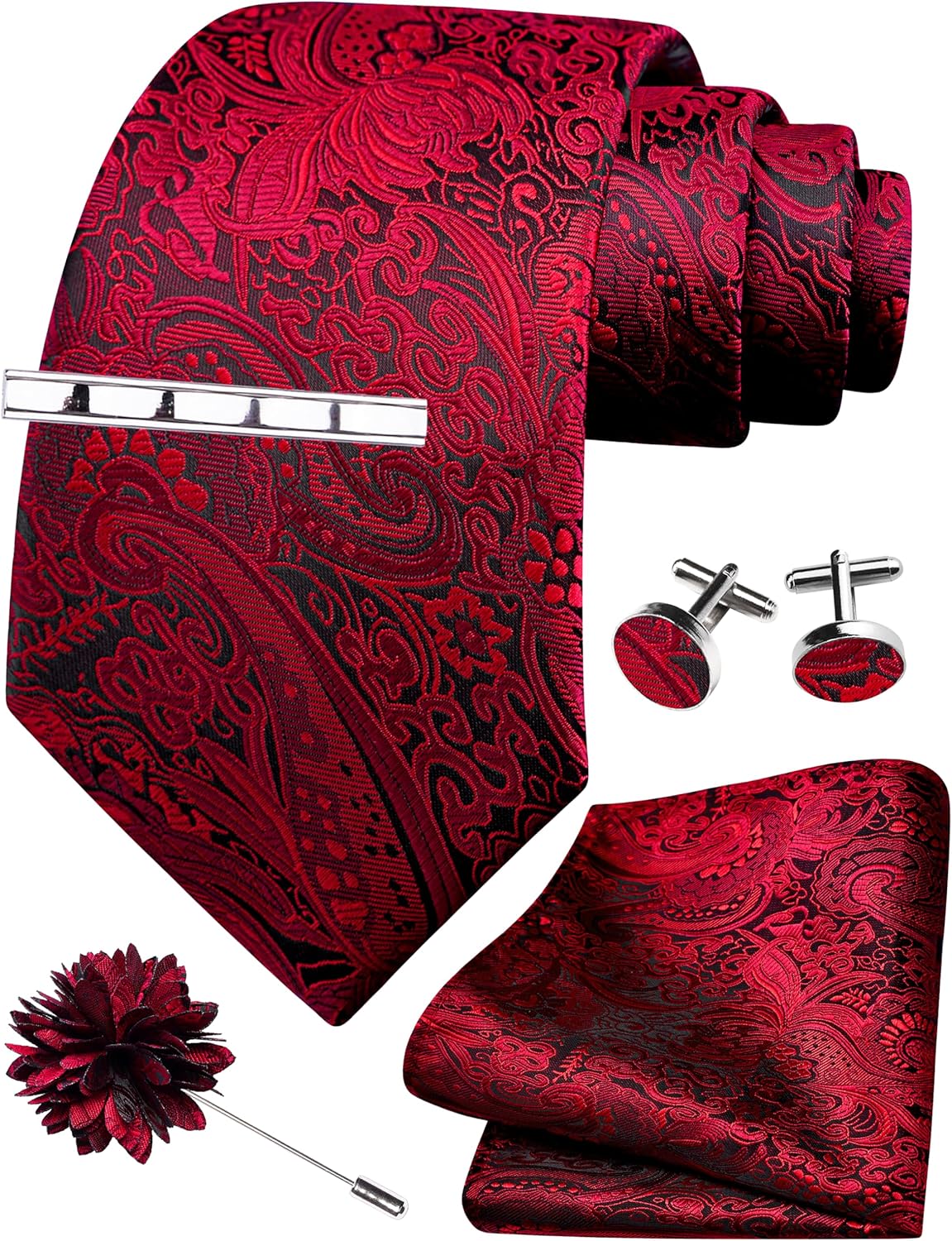 GUSLESON Tie Set for Men Necktie and Pocket Square,Tie Clip,Cufflinks, Lapel Pin Sets with Gift Box 5PCS