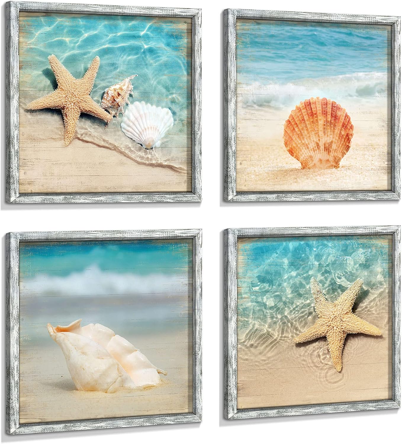 Ocean Pictures Framed Wall Art: Beach Artwork Set of 4 Seashell & Starfish Pictures Prints on Wood Seascape Wall Decor for Living Room