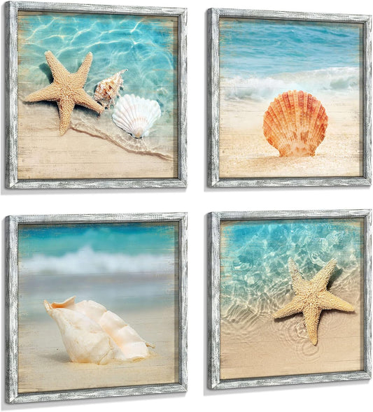 Ocean Pictures Framed Wall Art: Beach Artwork Set of 4 Seashell & Starfish Pictures Prints on Wood Seascape Wall Decor for Living Room