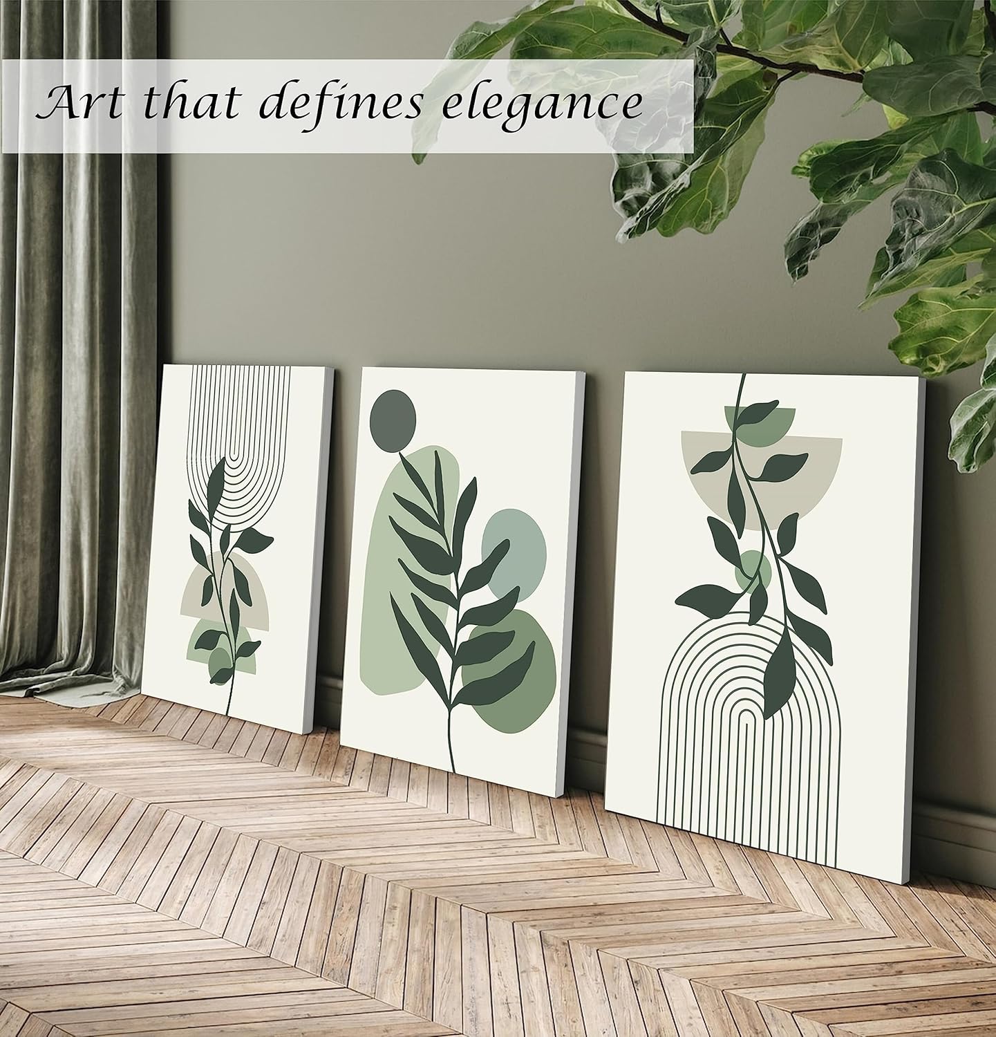 Induslyfe Large Framed Boho Canvas Wall Art Set of 3, Mid Century Modern room Decor, Minimalist Sage Green Botanical Boho Bathroom wall art 18x24 Abstract Geometric Canvas Prints Ready To Hang Bedroom