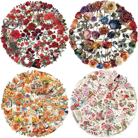 200 Pcs Natural Flower Stickers for Scrapbooking, Self-Adhesive Transparent Floral Stickers in 4 Colors, Journaling Supplies for Adult Card Making, Water Bottle Decoration (Vintage Rose)