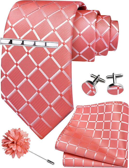 GUSLESON Tie Set for Men Necktie and Pocket Square,Tie Clip,Cufflinks, Lapel Pin Sets with Gift Box 5PCS