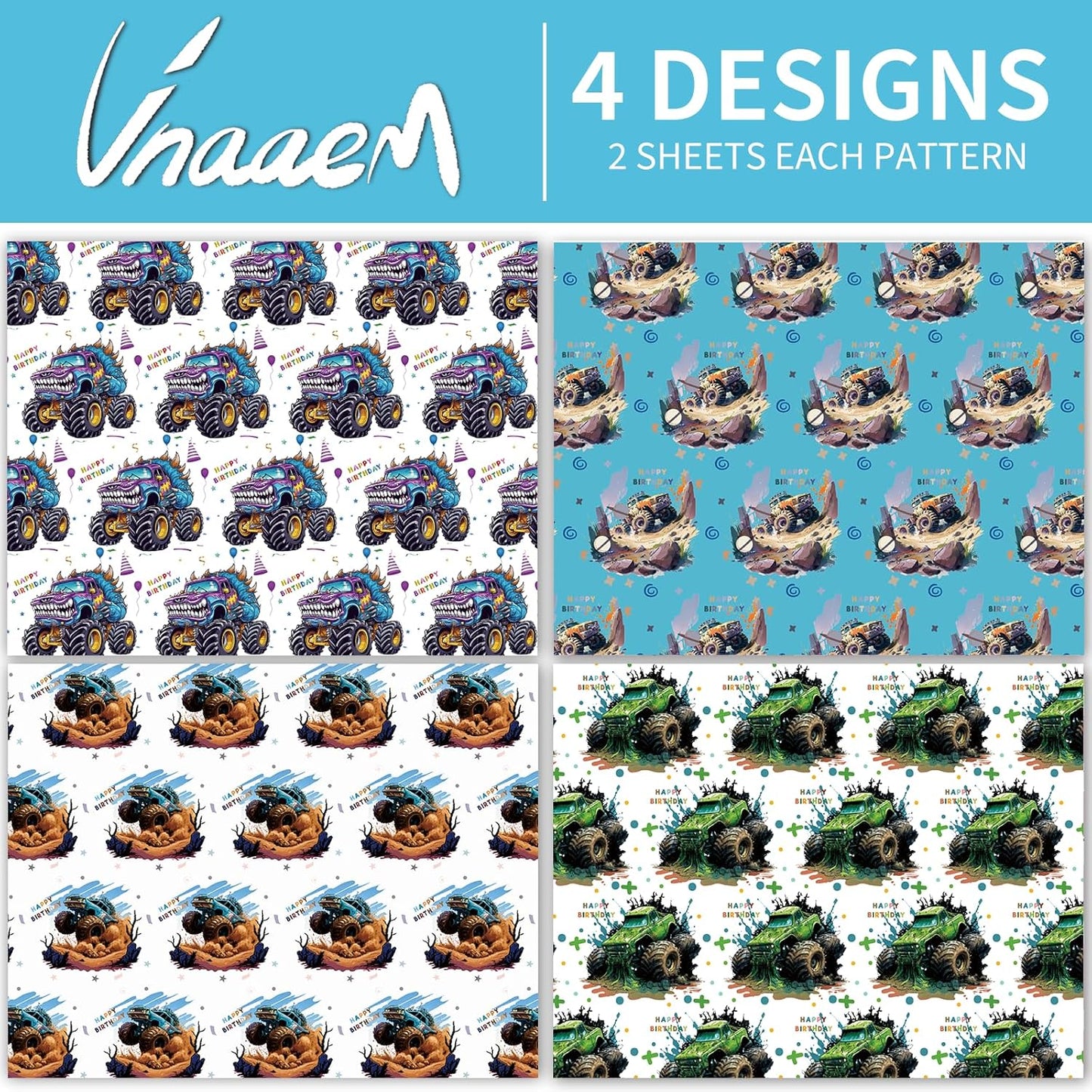 Vnaaem Monster Truck Birthday Wrapping Paper 8 Pc Happy Birthday Gift Wrap Racing Car Art Paper Folded Flat for Boys Kids Baby Shower Holiday 19.6 X27.8Inch