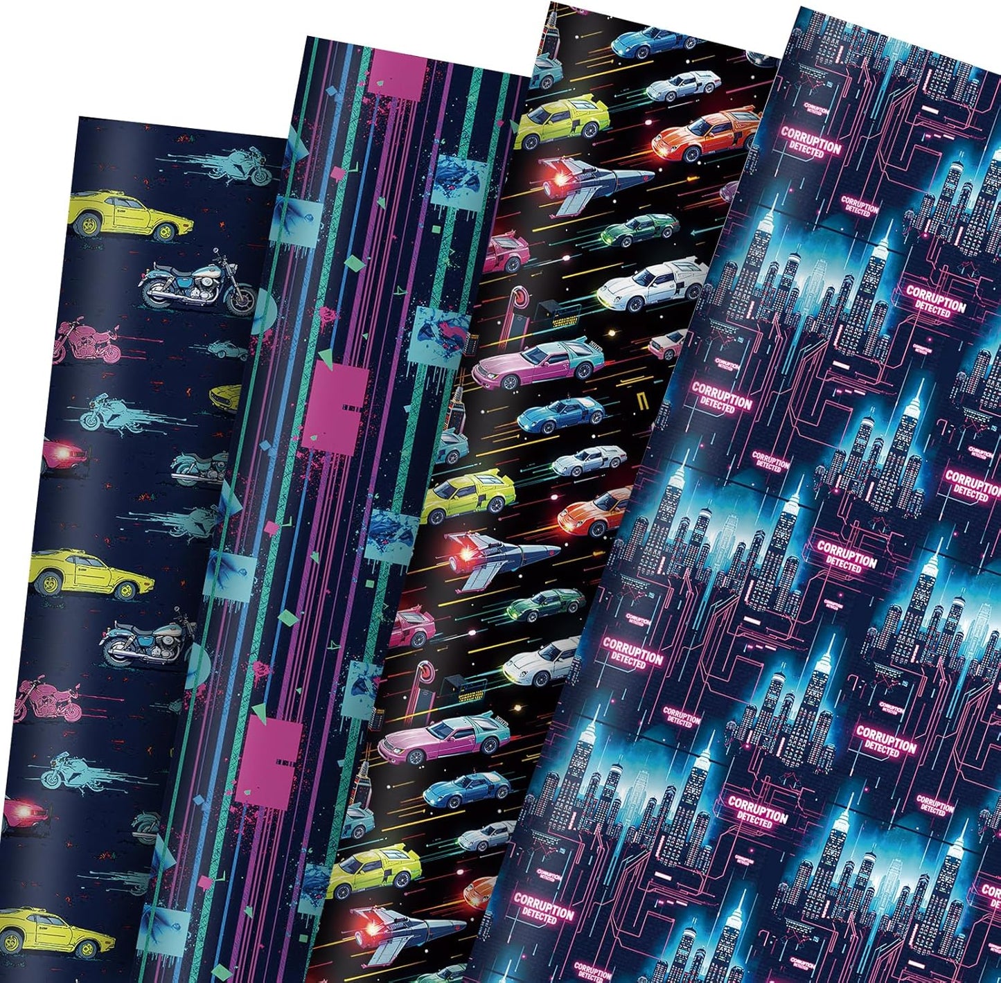 Pineraap Cyber Future Wrapping Paper 12 Sheets 4 Futuristic Themed Designs Neon Gift Wrap for Sci-Fi Fans,Tech Lovers,20"×28"