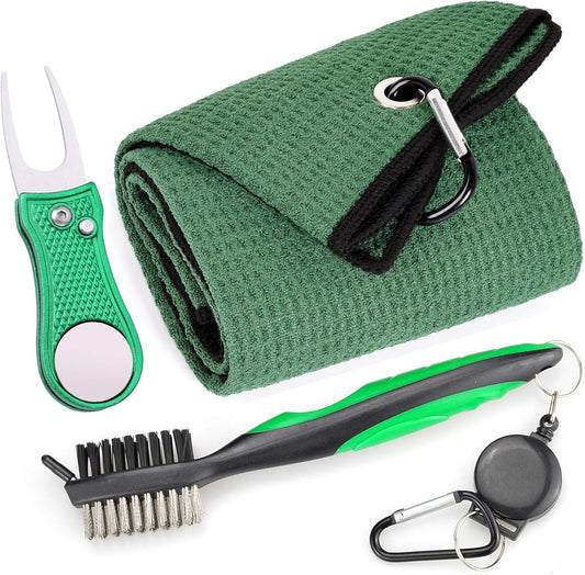Mile High Life Microfiber Waffle Pattern Golf Towel | Club Groove Cleaner Brush | Foldable Divot Tool with Magnetic Ball Marker (Green Towel/Brush/Bone Divot)
