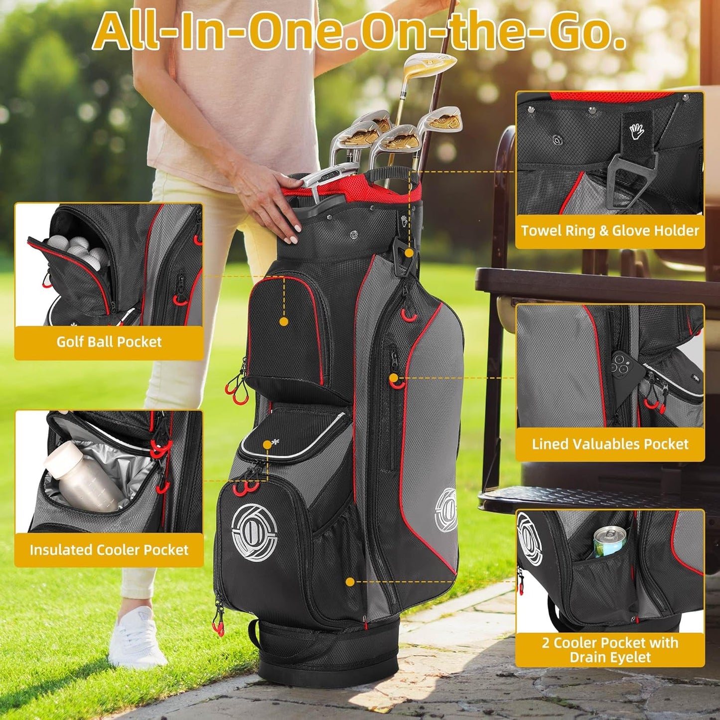 Golf Cart Bag, 15 Way Top Lightweight Golf Bag, Golf Club Cart Bags for Men Women with Full-Length Dividers, Dedicated Putter Well, Rain Cover Black and Red