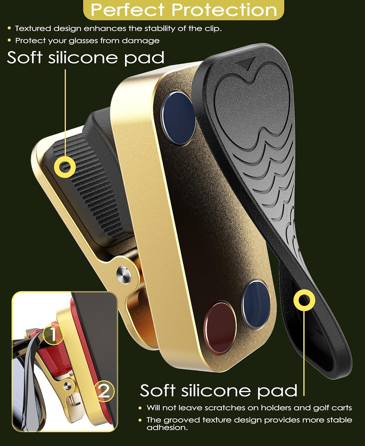 Sunglass Holder for Golf Cart, Magnetic Aluminium Sunglass Holder Clip Accessory for Golf Carts, Silicone Padded Eyeglass Clip Universal Fit with Gift Storage Bag