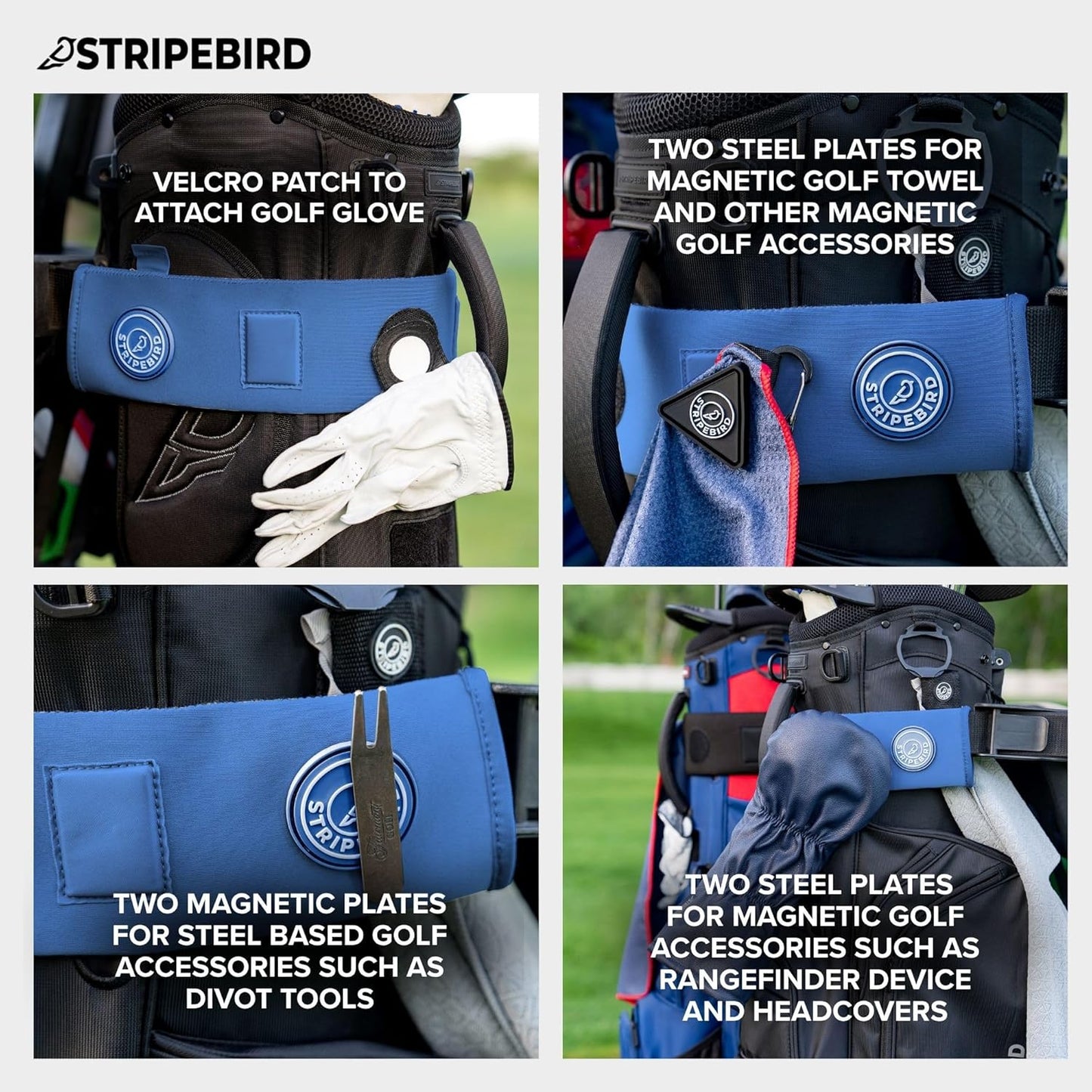Stripebird - Premium Golf Cart Strap Sleeve Protector - Save Your Golf Bag from Golf Cart Straps - Includes Magnetic and Steel Plate for Magnetic Golf Accessories