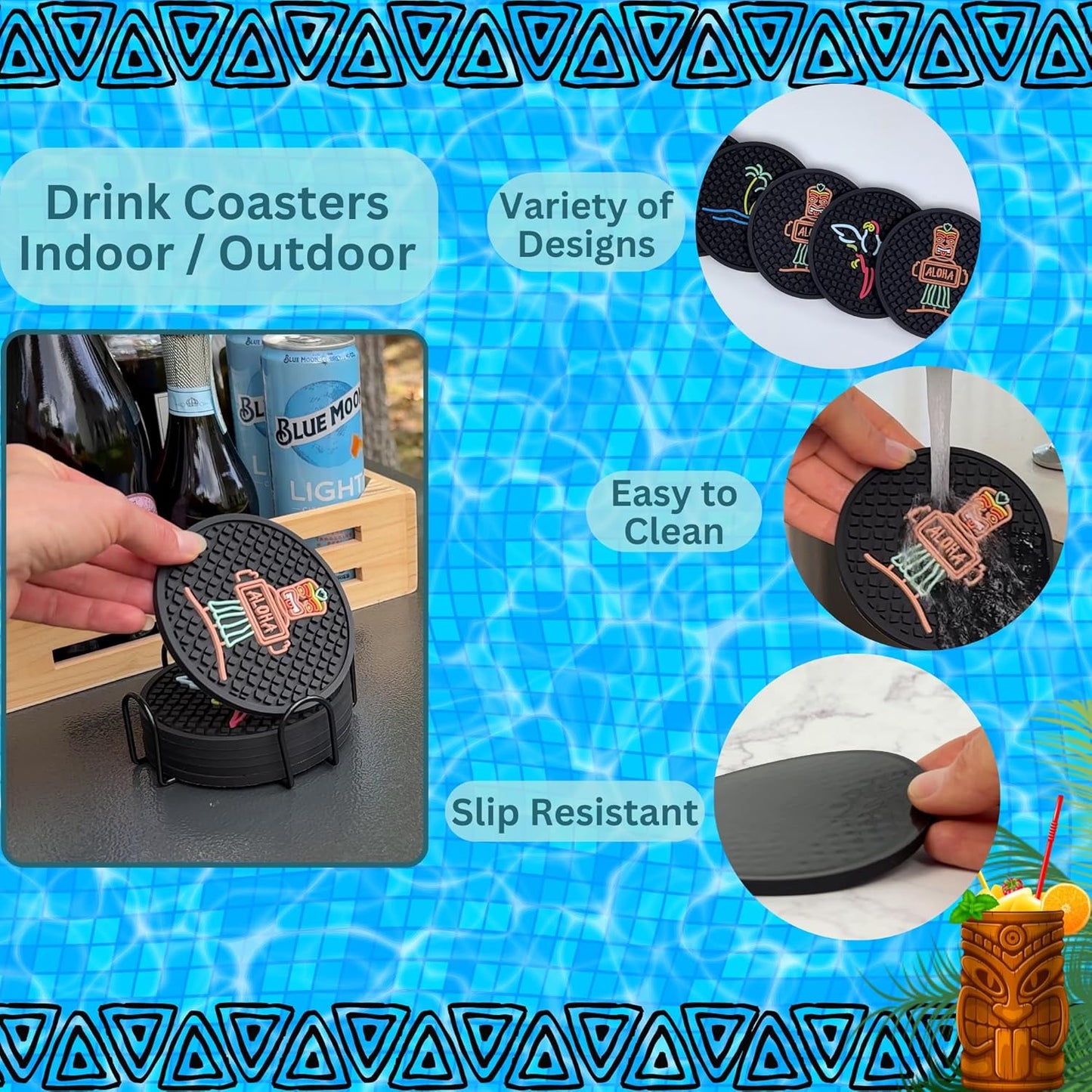 Aloha Tiki Bar Drink Coasters Set of 6 with Holder for Hawaiian and Luau Party Decorations with Tiki Warrior, Wave & Palm Tree and Parrot Designs, Tiki Bar Decor Silicone Coasters, Aloha Party Decor