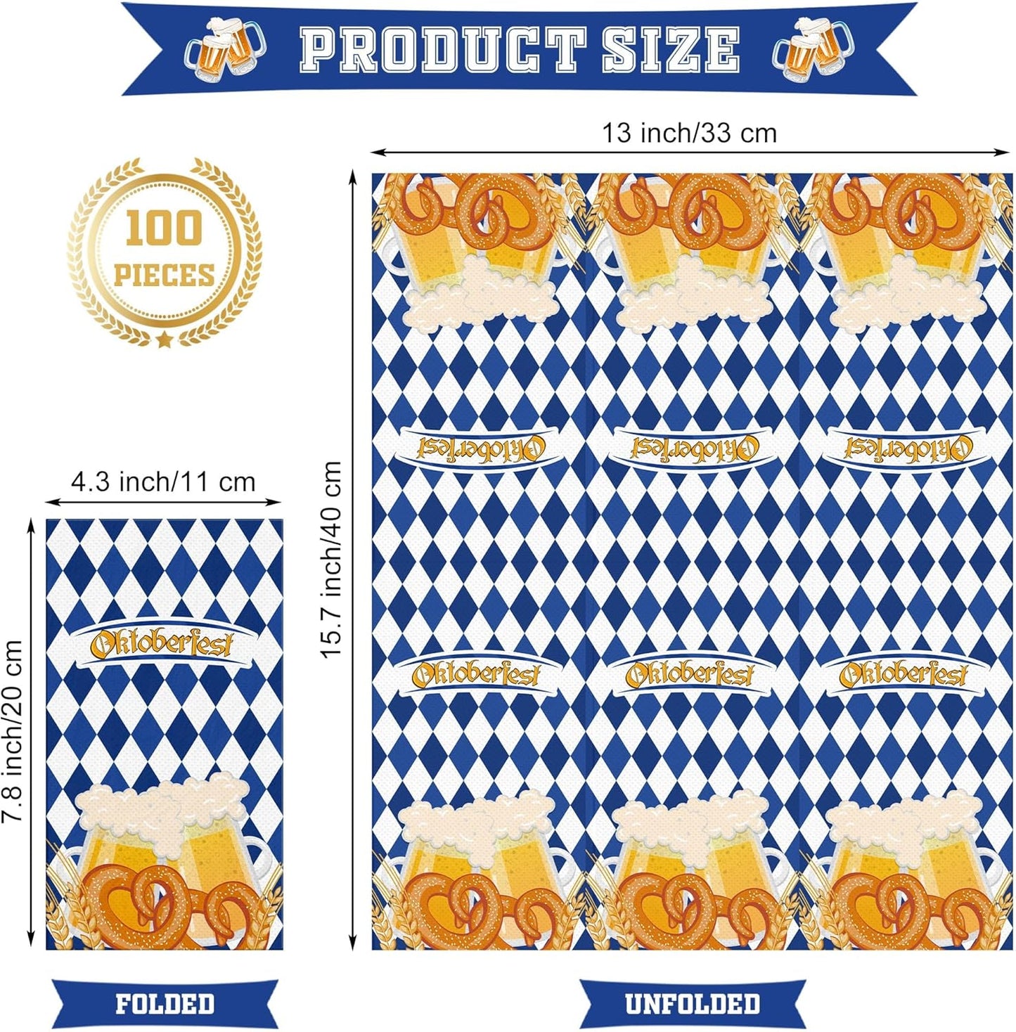 100 Pieces Oktoberfest Napkins Disposable Blue White Plaids Party Napkins 7.8 x 4.3 Inch Bavarian Flag Paper Cocktail Napkins Supplies for Oktoberfest German Beer Festival Party Decorations