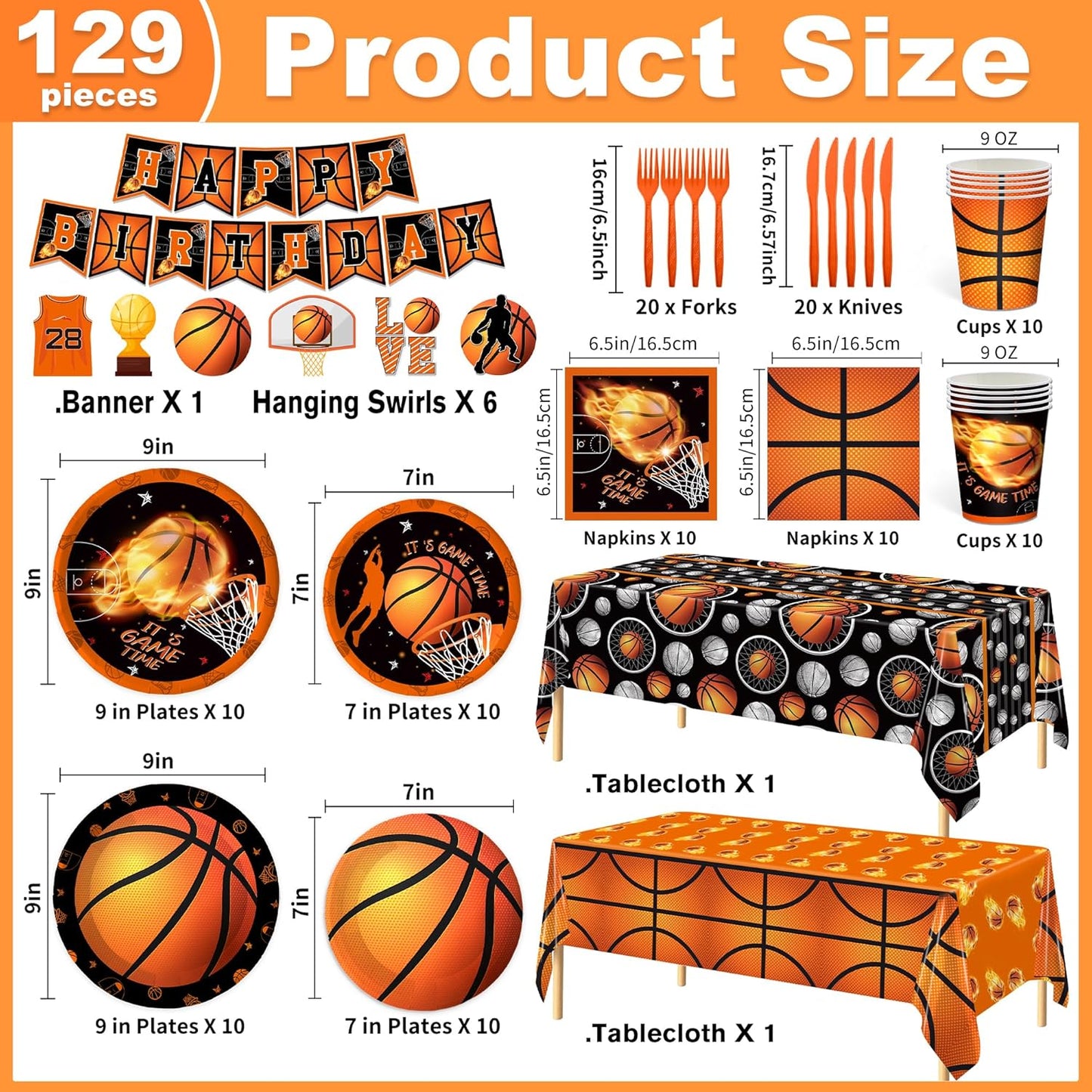 129pcs Basketball Birthday Party Supplies Basketball Party Decorations Plates Napkins Tablecloth Banner Hanging Swirls for Basketball Sports Theme Birthday Party Decorations Serves 20