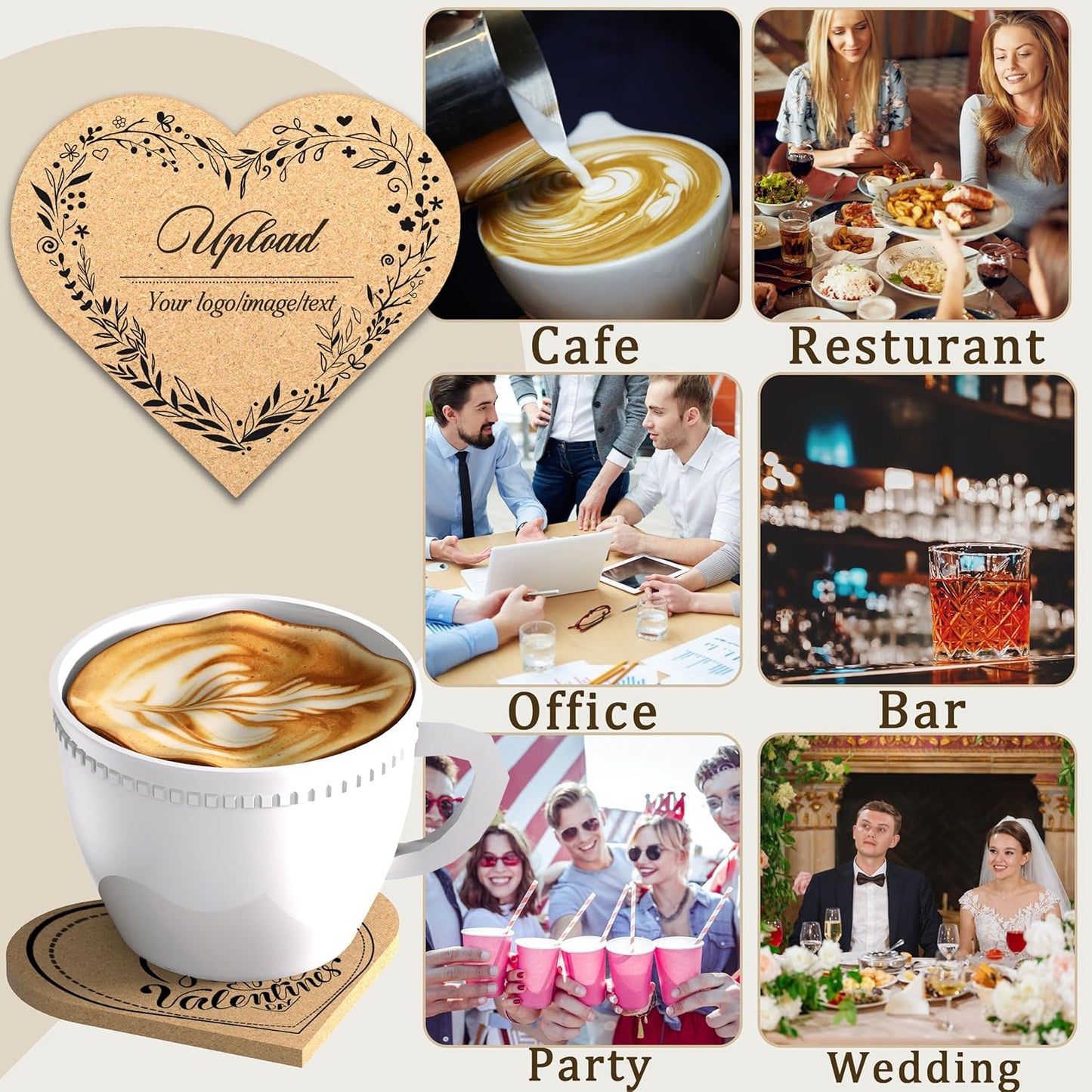 30-100Pcs Personalized Heart Shaped Cork Coasters, Custom Wedding Favors with Laser Engraved Text Name Logo, Non-Slip, Heat-Resistant, Custom Guest Souvenirs,Bridal Shower,Housewarming Gifts Bulk