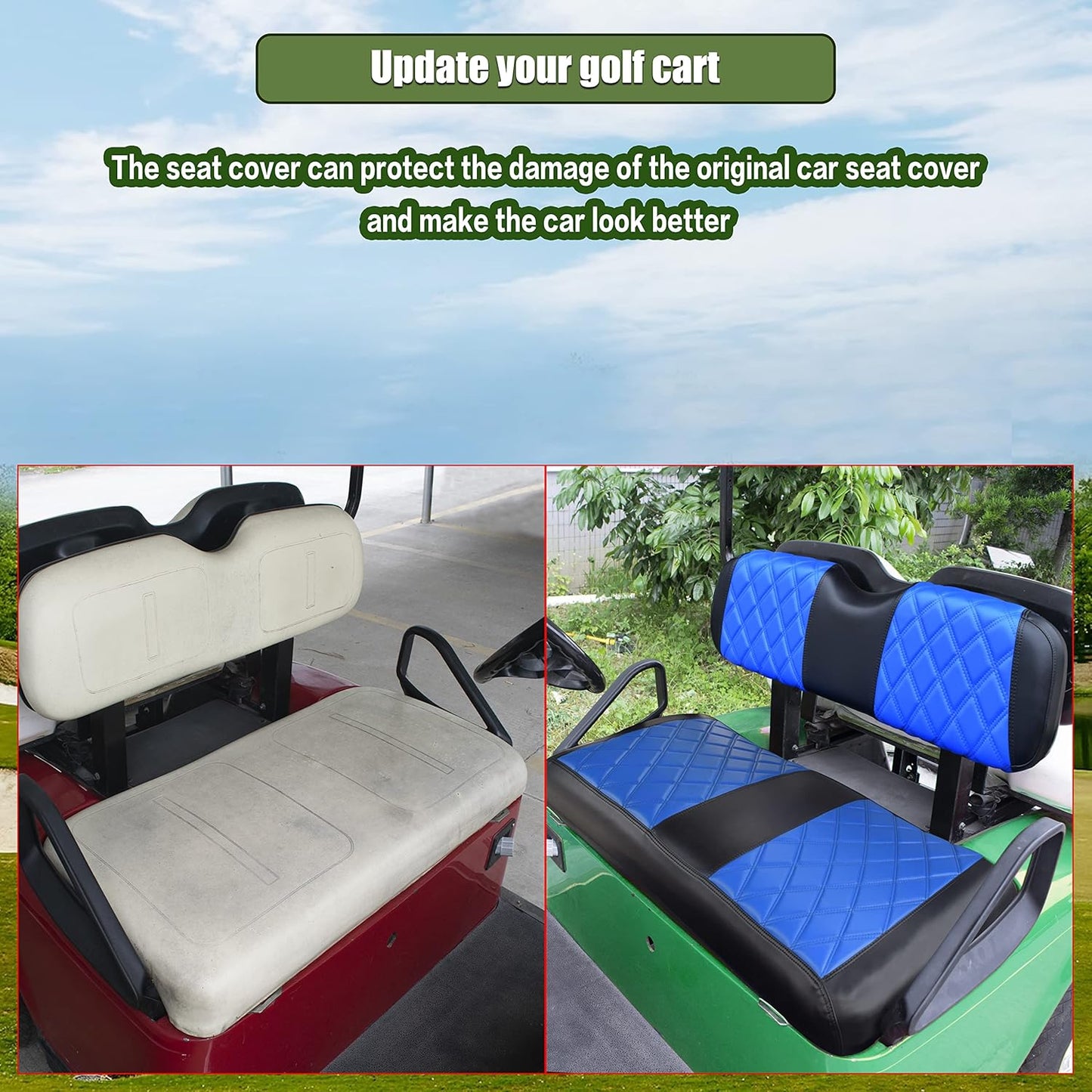 NOKINS Golf Cart Diamond Seat Covers Kit, Fit for EZGO TXT 1994-2013/EZGO RXV OEM Standard Front Seat Cushion, Golf Cart Vinyl Seat Cover, No Nails Required (Blue and Black)
