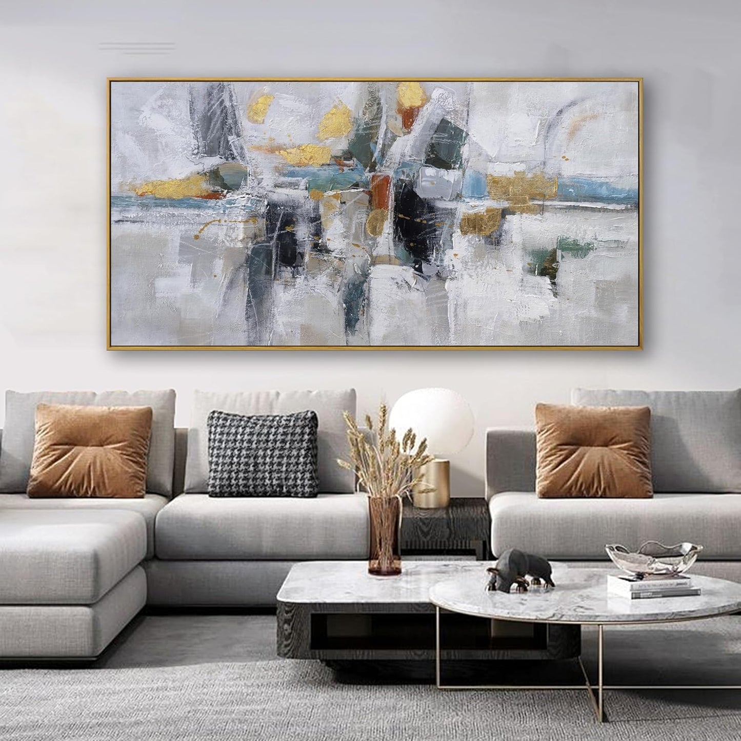 Teal Gold Wall Art Abstract Painting Wall Decor Living Room Modern 24"X 48" Framed Canvas Wall Art Office Decor Black Wall Art Canvas Prints Artwork For Bathroom Kitchen Colorful Wall Decoration