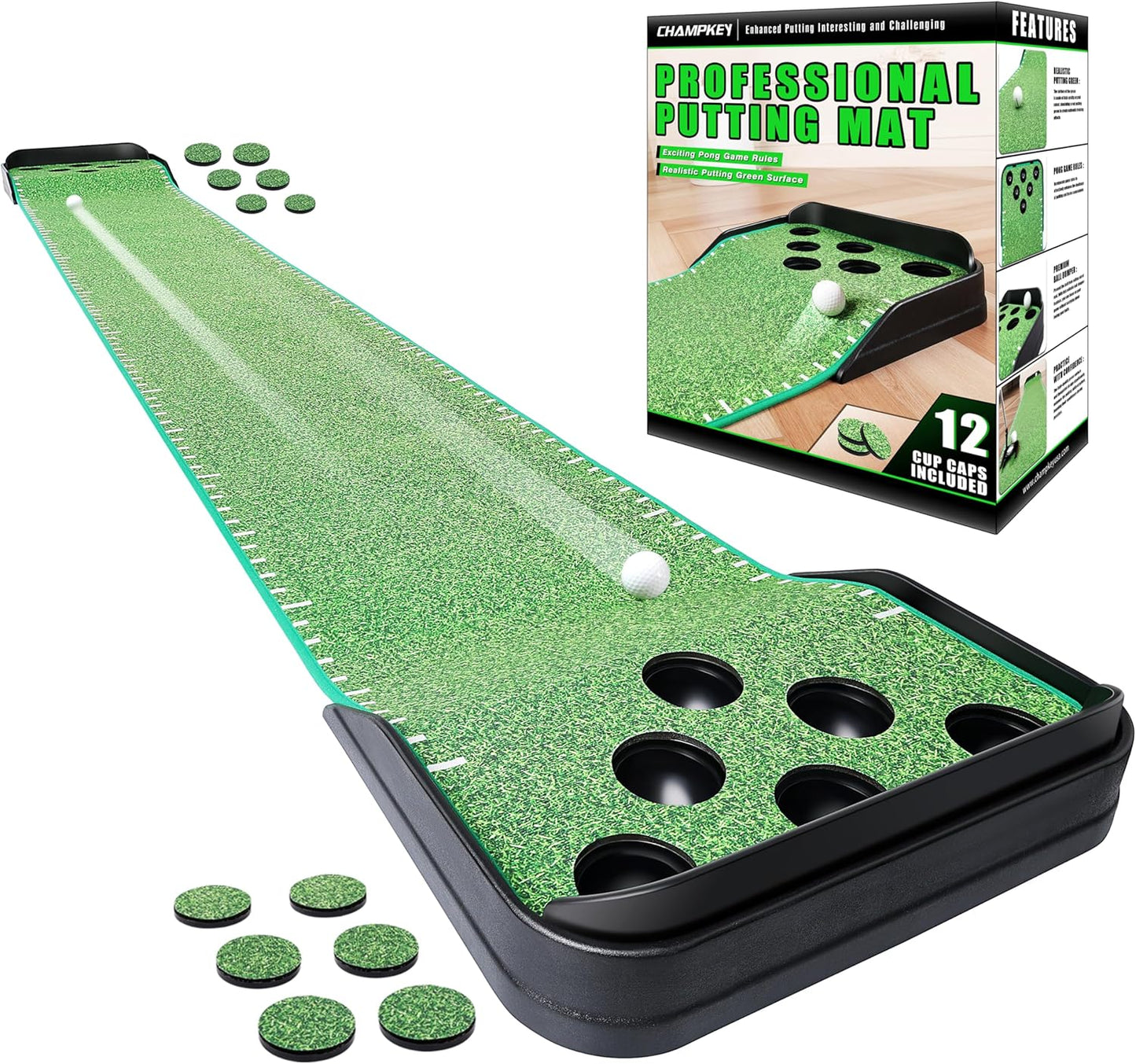 CHAMPKEY Golf Putting Green Indoor - Advanced Guides Golf Putting Mat - Enhance Putting Accuracy and Challenge