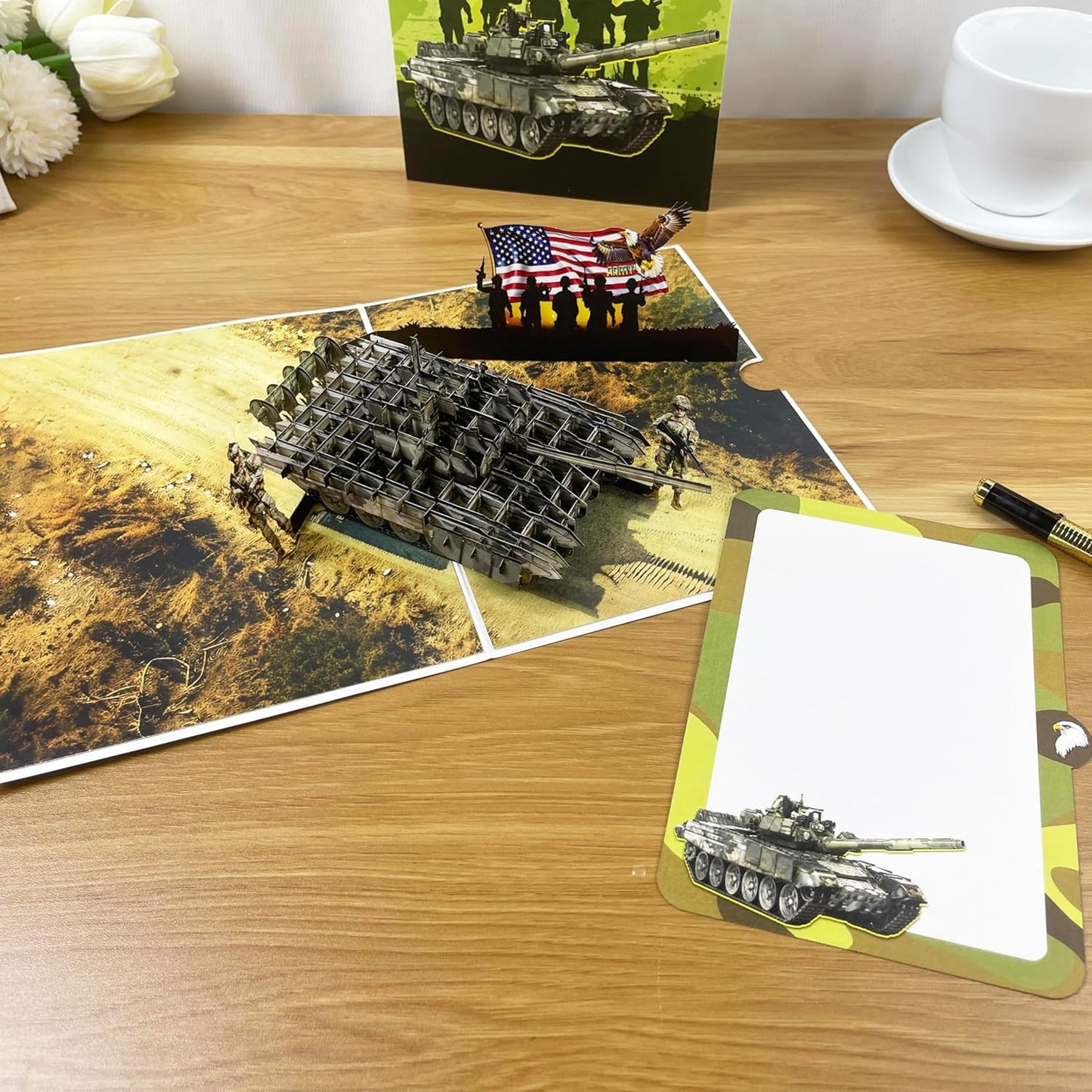 3D Army Tank Popup Card - Handmade Military Paper Art for Birthday, Anniversary, Christmas, Father’s Day, Veterans Day - Unique Gift for Him, Her, Soldier, Veteran, Army Lover