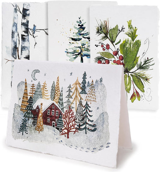 WANDERINGS Handmade Deckle Edge Blank Greeting Cards & Envelopes with Winter Art - Thick 300gsm paper– 20 Cards (5 Each of 4 Varieties) for Invitations, Thank Yous, Christmas and Birthday Cards –5x7