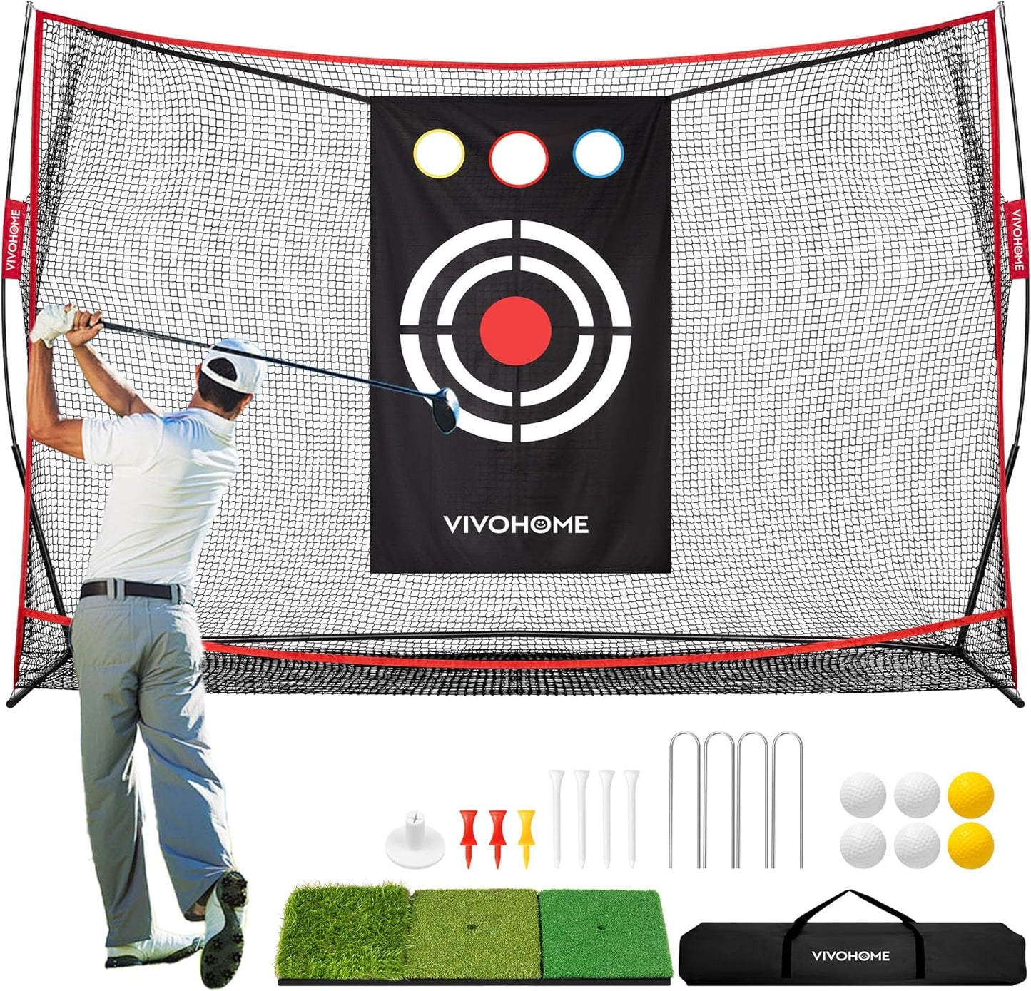 VIVOHOME 10 x 7ft Golf Net for Hitting, Chipping, Driving Training, Heavy Duty Golf Practice Net for Indoor, Backyard, Garage, with Mat, Target Cloth, 8 Tees, 6 Balls, Carry Bag