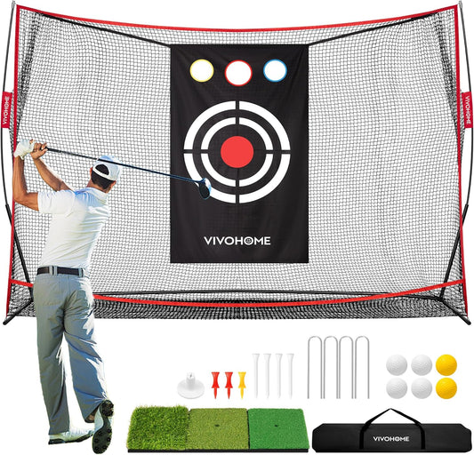VIVOHOME 10 x 7ft Golf Net for Hitting, Chipping, Driving Training, Heavy Duty Golf Practice Net for Indoor, Backyard, Garage, with Mat, Target Cloth, 8 Tees, 6 Balls, Carry Bag
