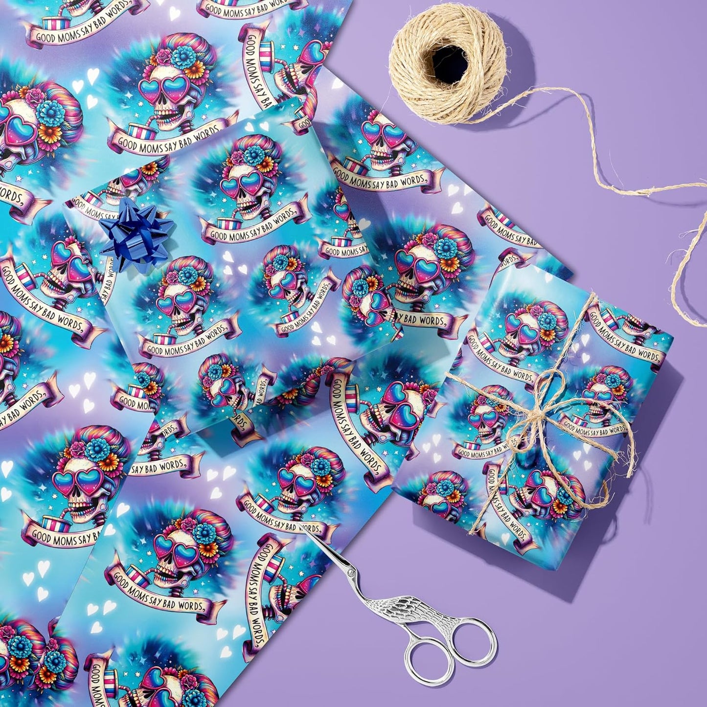 Vnaaem Halloween Wrapping Paper for Mom Women - 6 Pcs Blue & Purple Gothic Skull Skeleton Design Funny Gift Wrap for Halloween Wedding Birtday Christmas Nightmare Holidays - 19.6 X27.8Inch